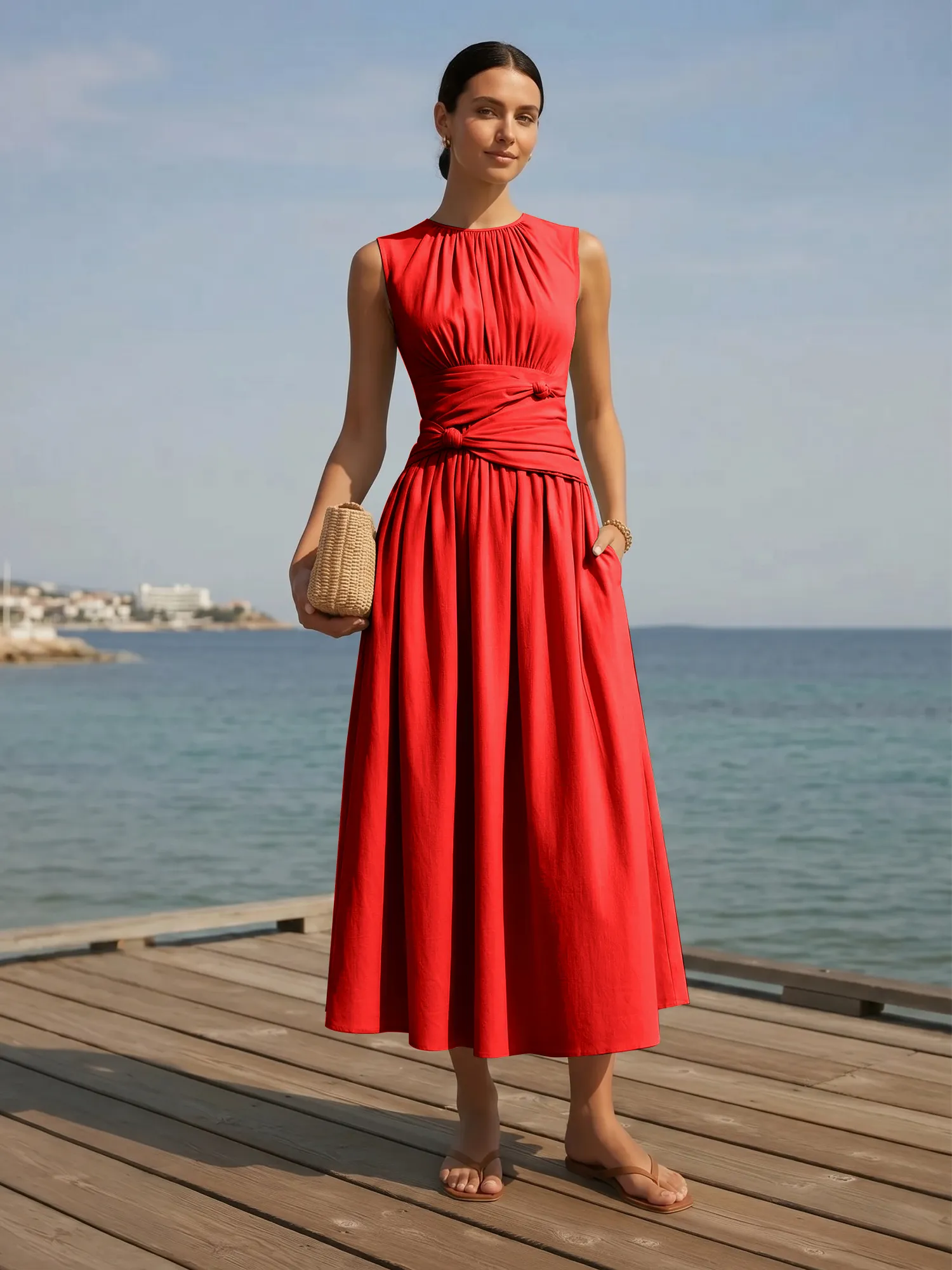 Sleeveless Round Neck Waist-Knot Midi Evening Dress