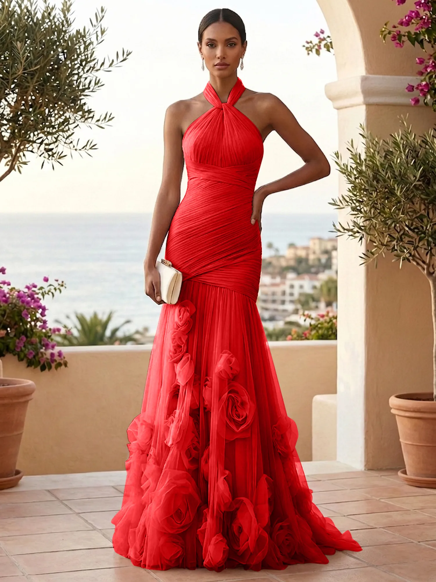 Halter Neck Ruched Tulle Mermaid Gown with 3D Floral Appliqués