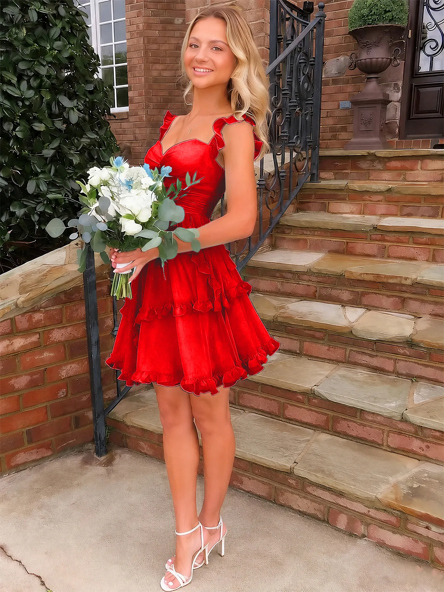 A Line Ruffled Tiered Chiffon Homecoming Dress with Lace-Up Back