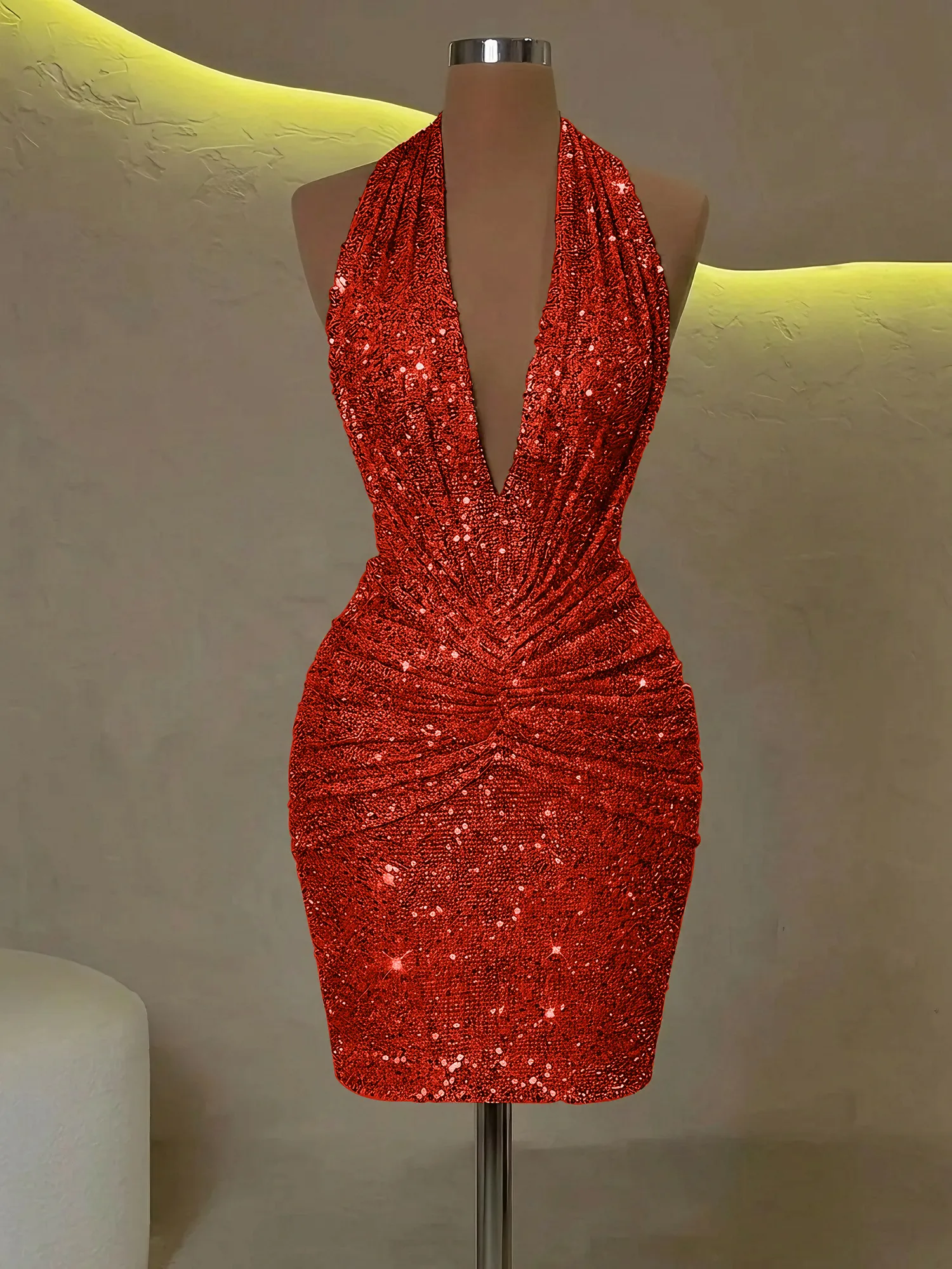 Sequin Halter Deep V-Neck Bodycon Homecoming Dress Mini Dress