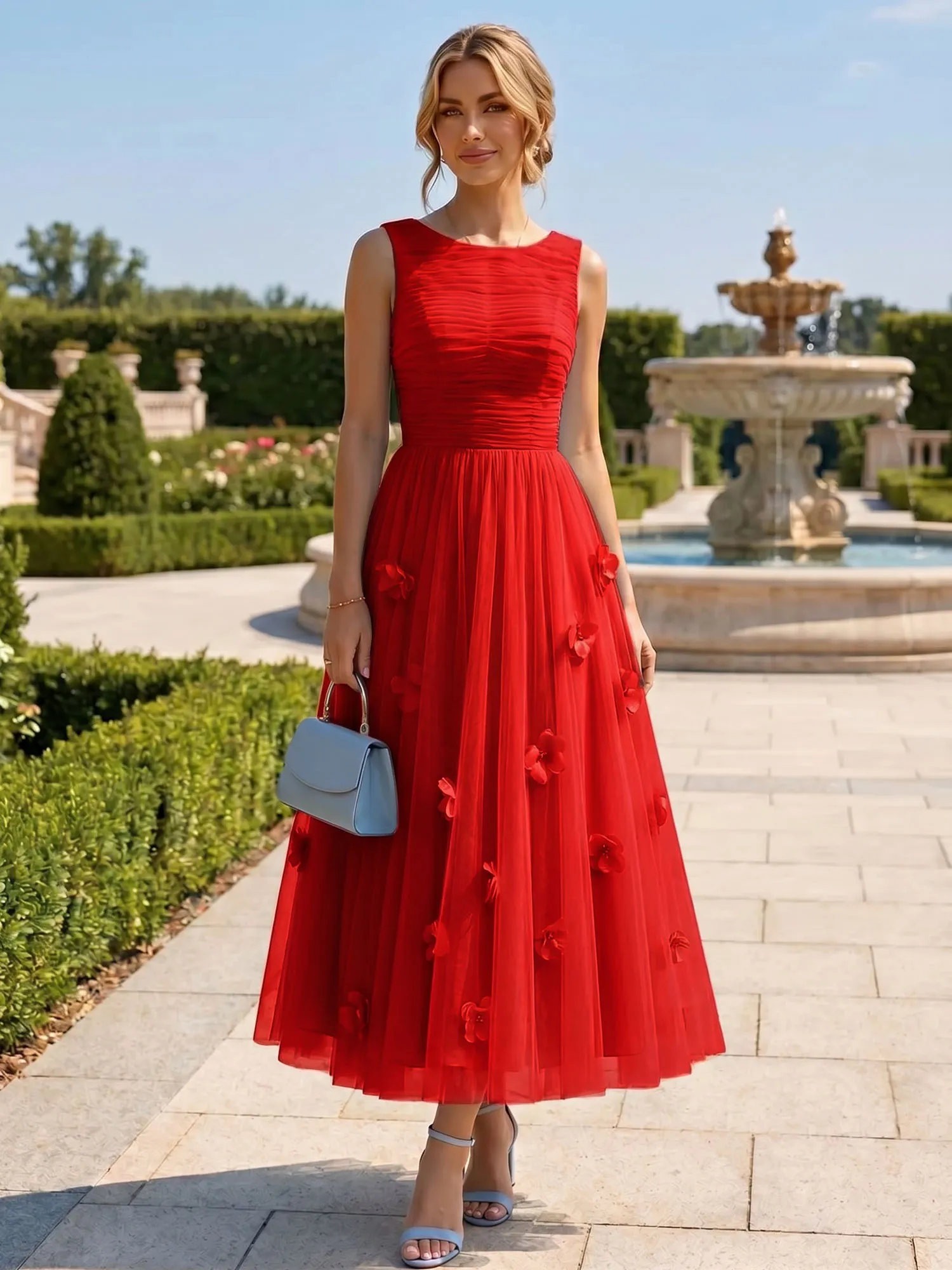 A Line Sleeveless Tulle Midi Dress with 3D Floral Appliqués
