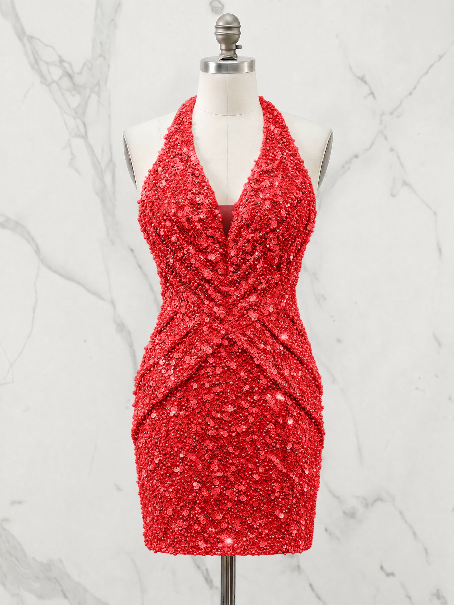 Halter Neck Sequin-Embellished Homecoming Dress
