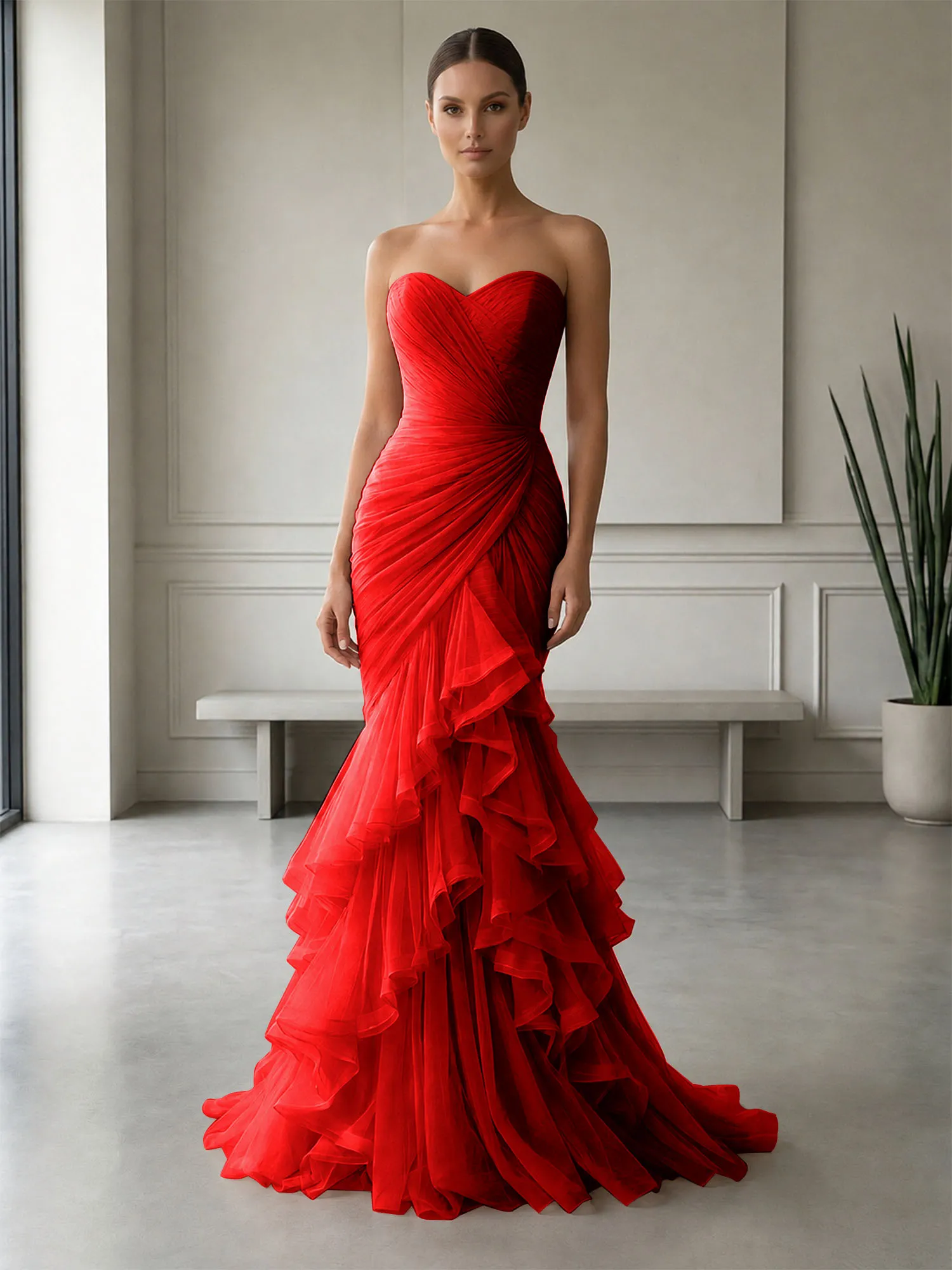 Strapless Ruched Tulle Mermaid Evening Gown Maxi Dress