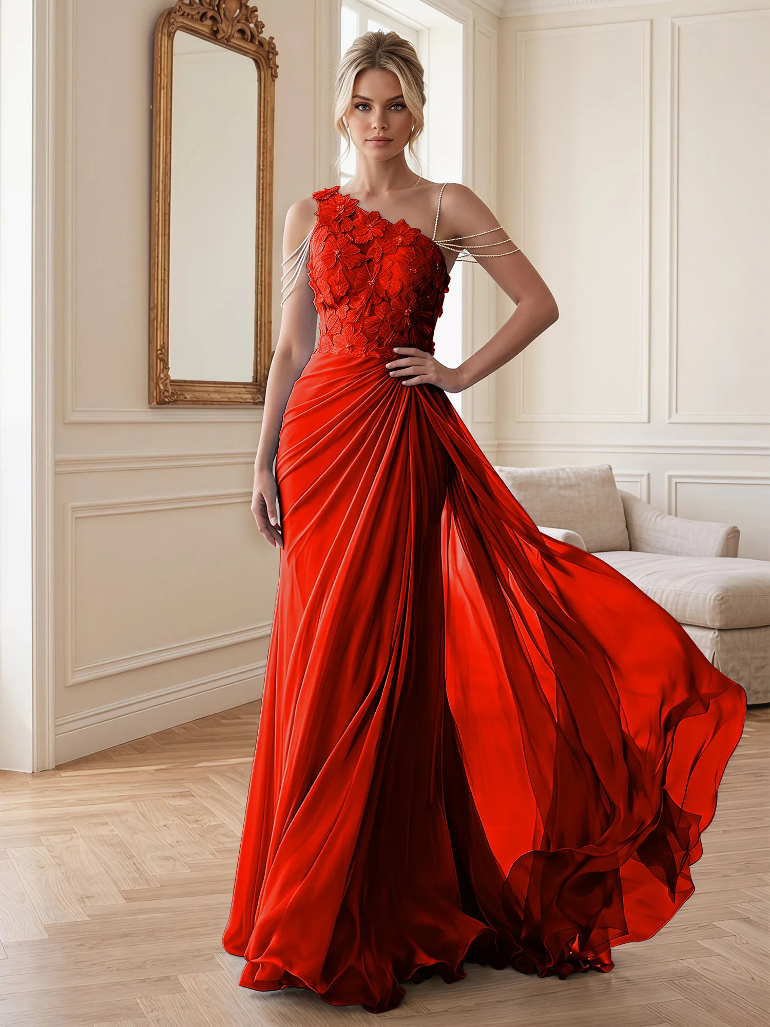 One-Shoulder Floral Lace Chiffon Evening Gown