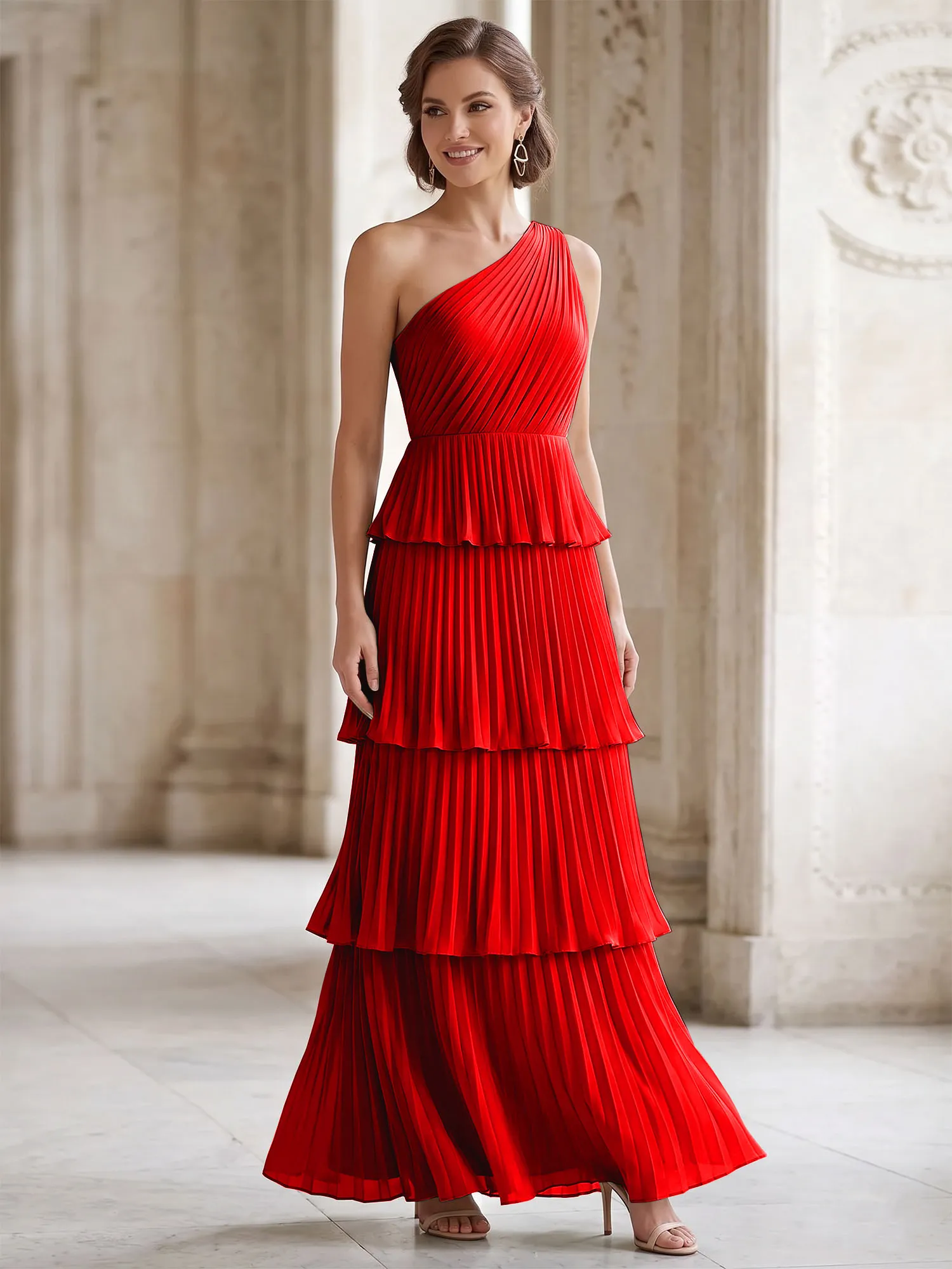 One-Shoulder Tiered Pleated Chiffon Evening Gown
