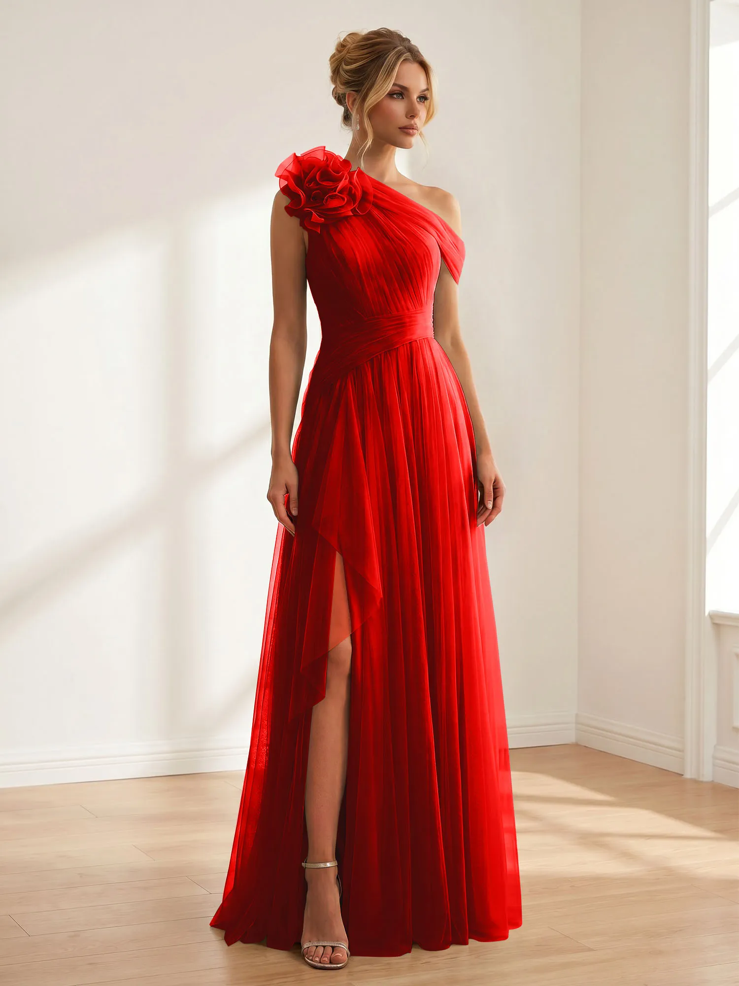 One-Shoulder Tulle Evening Gown with Floral Accent