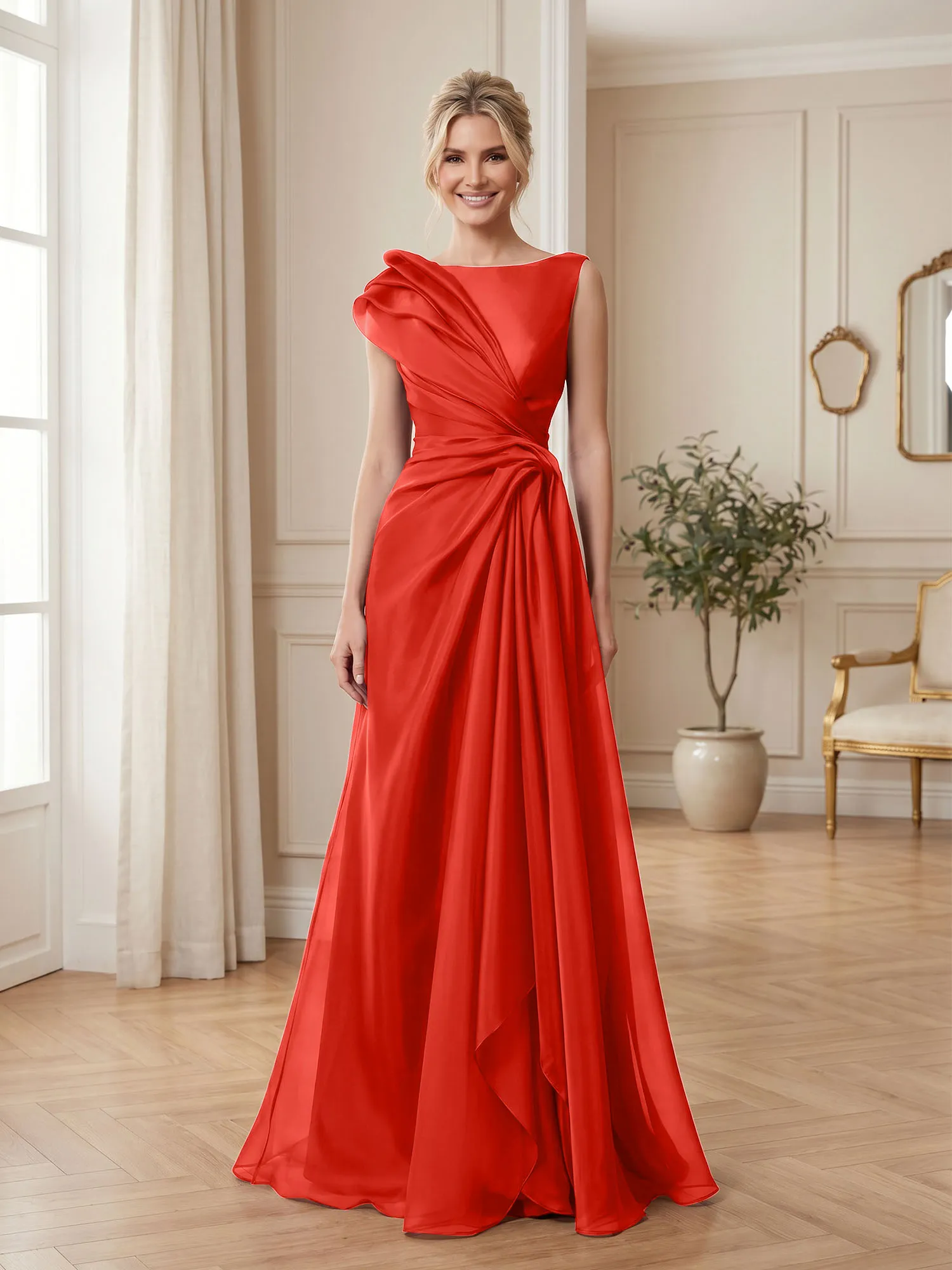 A Line Ruched Draped Tulle Evening Gown