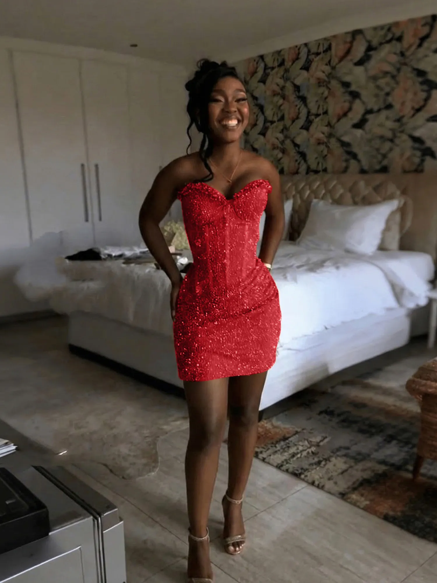Glitter Strapless Mermaid Sequined Short Homecoming Mini Dress