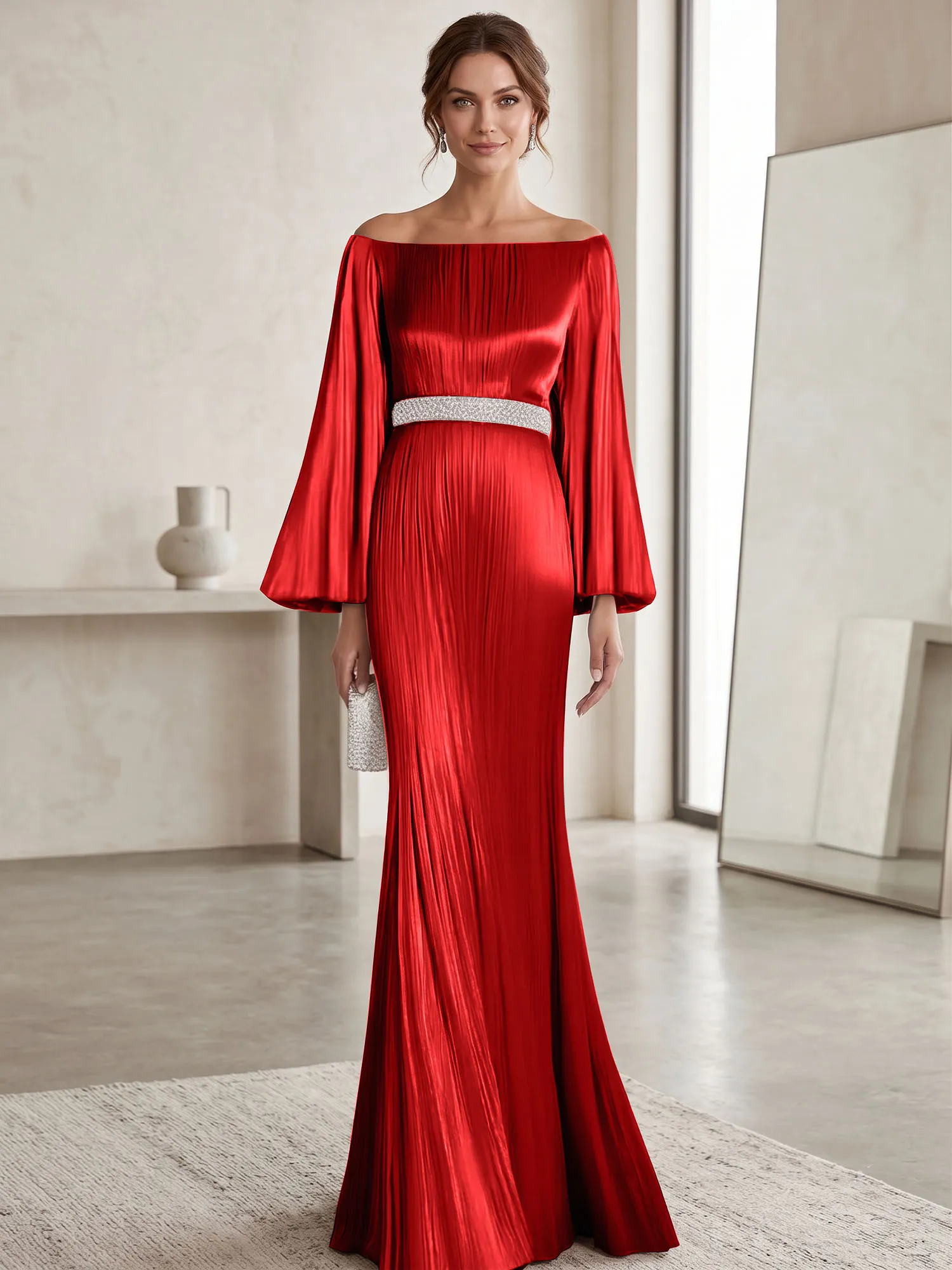 Off-the-Shoulder Pleated Satin Evening Gown with Beaded Waistband