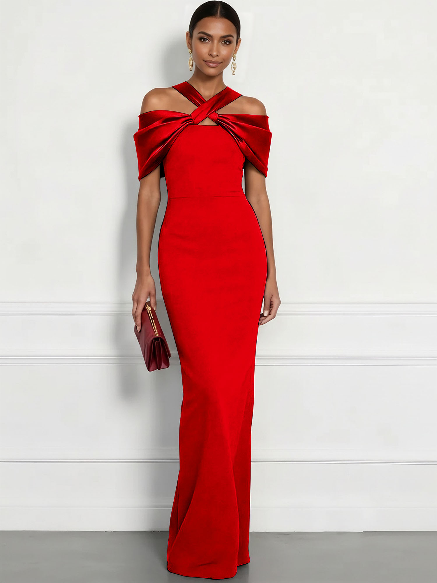  Regal Plum Crepe Column Gown with Satin Criss-Cross Halter Maxi Dress
