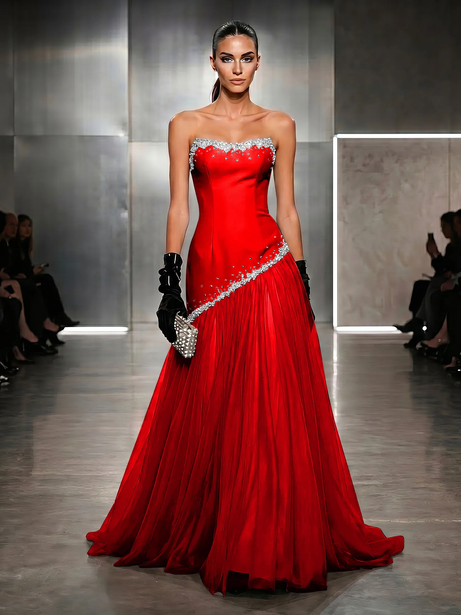 Strapless Tulle Beaded Corset Evening Gown Maxi Dress