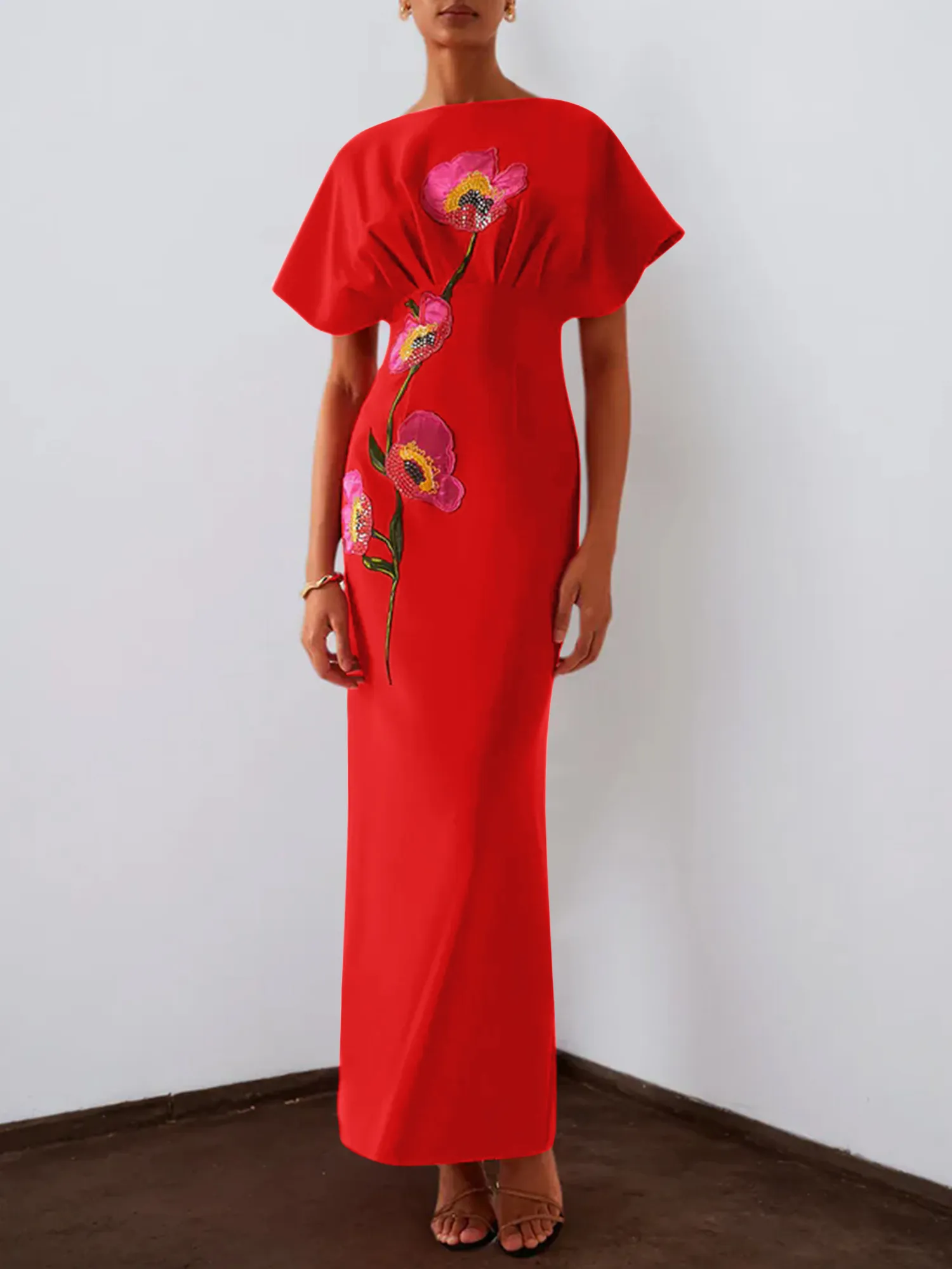 Floral Embroidered Boat Neck Batwing Sleeve Column Evening Gown