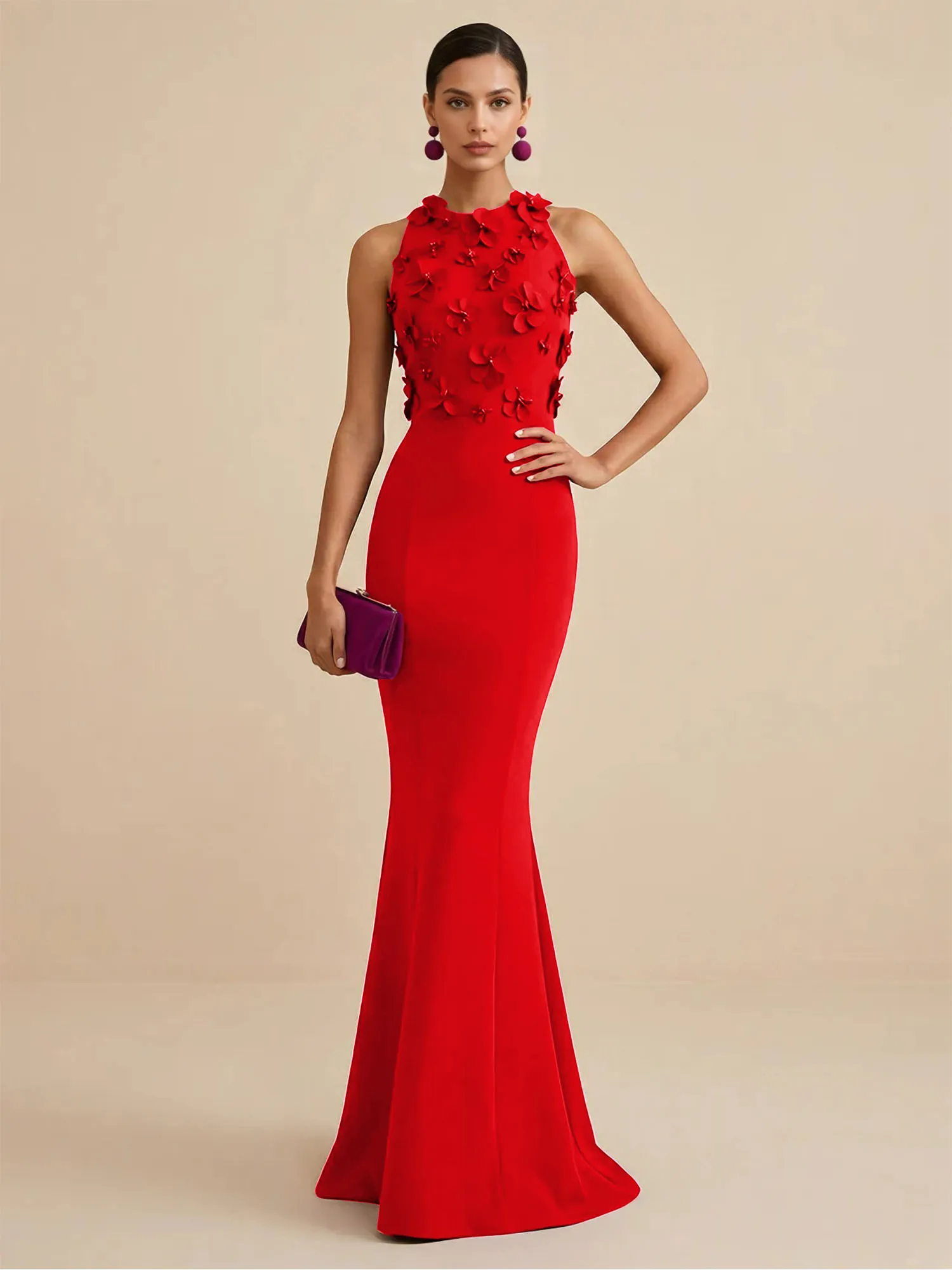 Scoop Neck 3D Floral Appliqué Crepe Mermaid Evening Gown