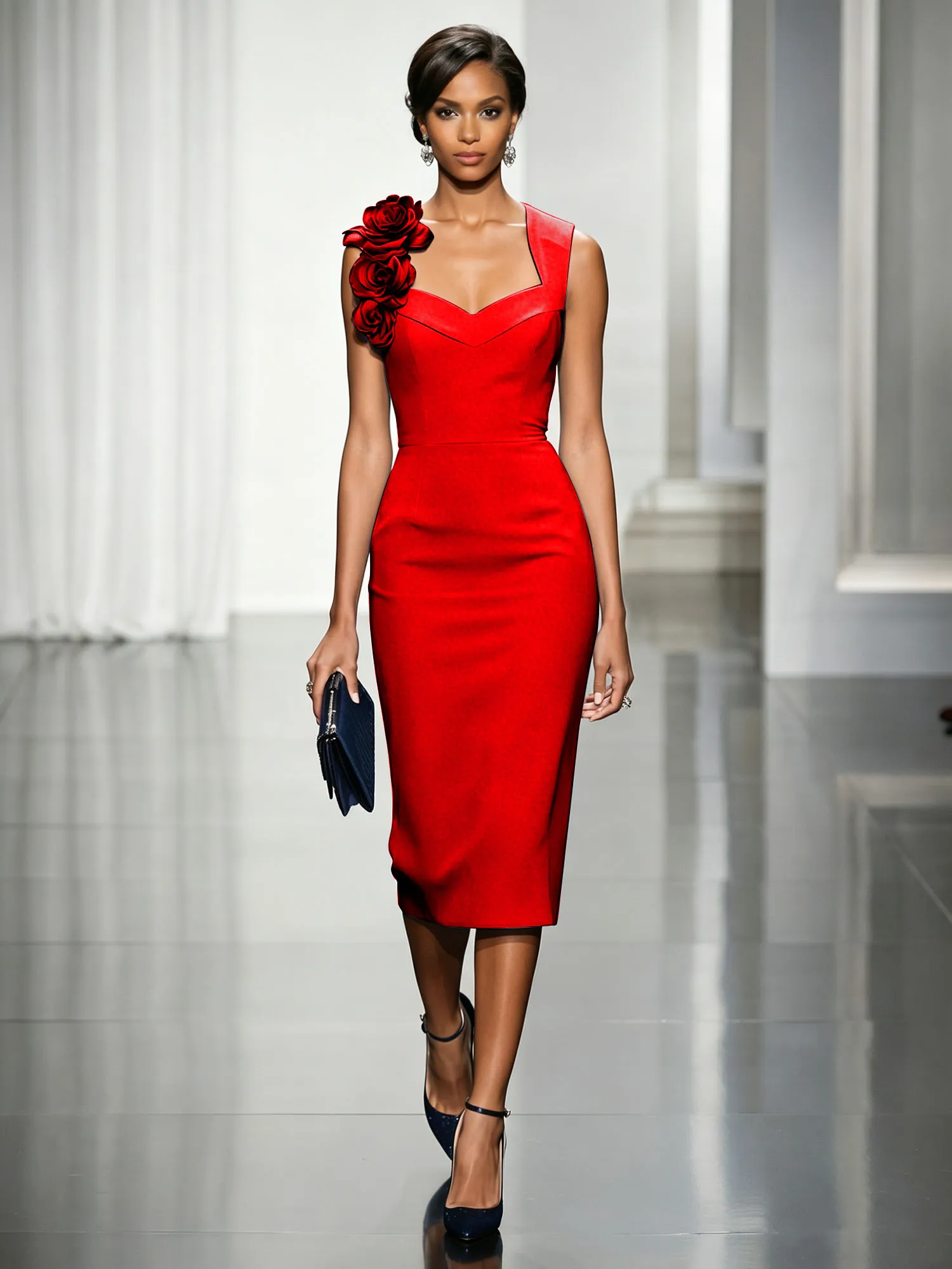 Asymmetric Neckline Crepe Midi Dress with 3D Floral Appliqué