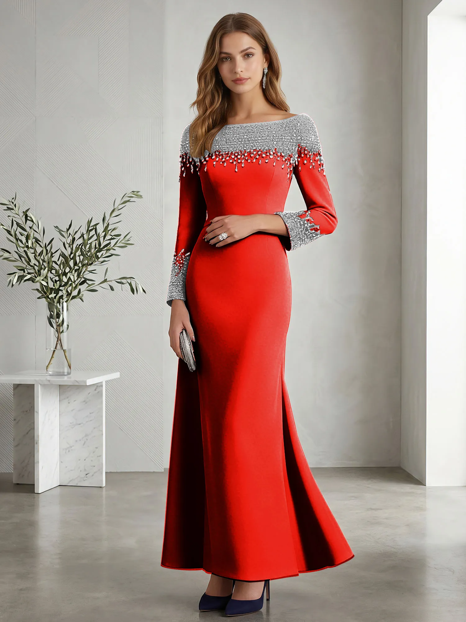 Beaded Off-the-Shoulder Long Sleeve Mermaid Evening Gown