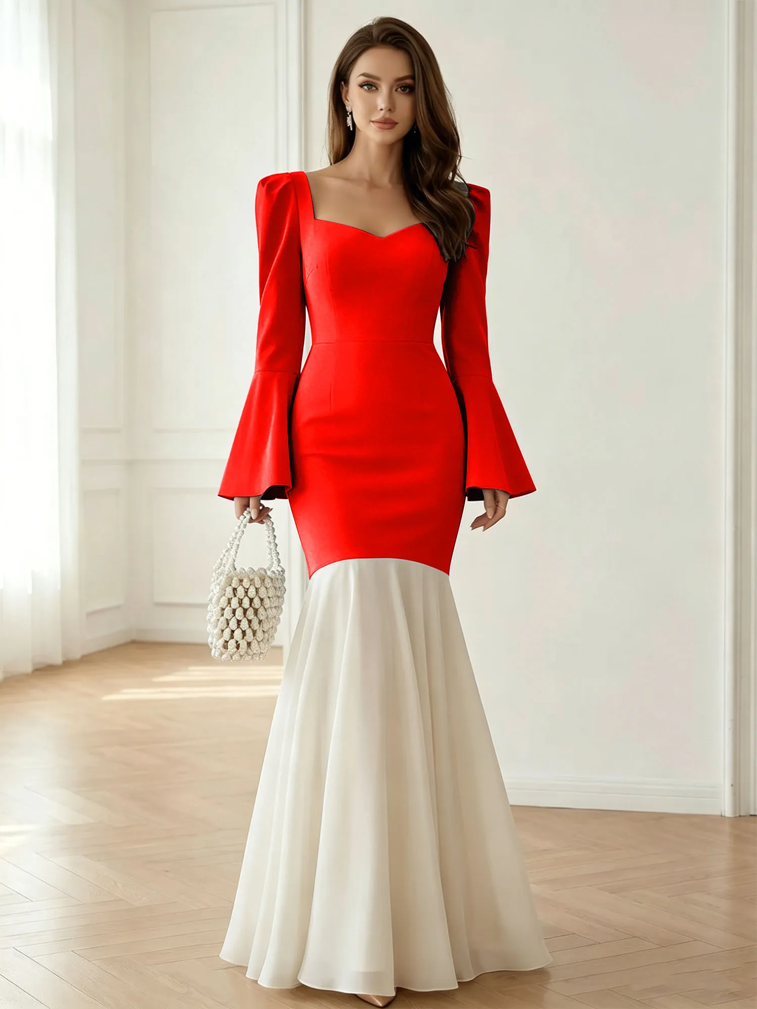 Sweetheart Neck Bell Sleeve Two-Tone Mermaid Evening Gown