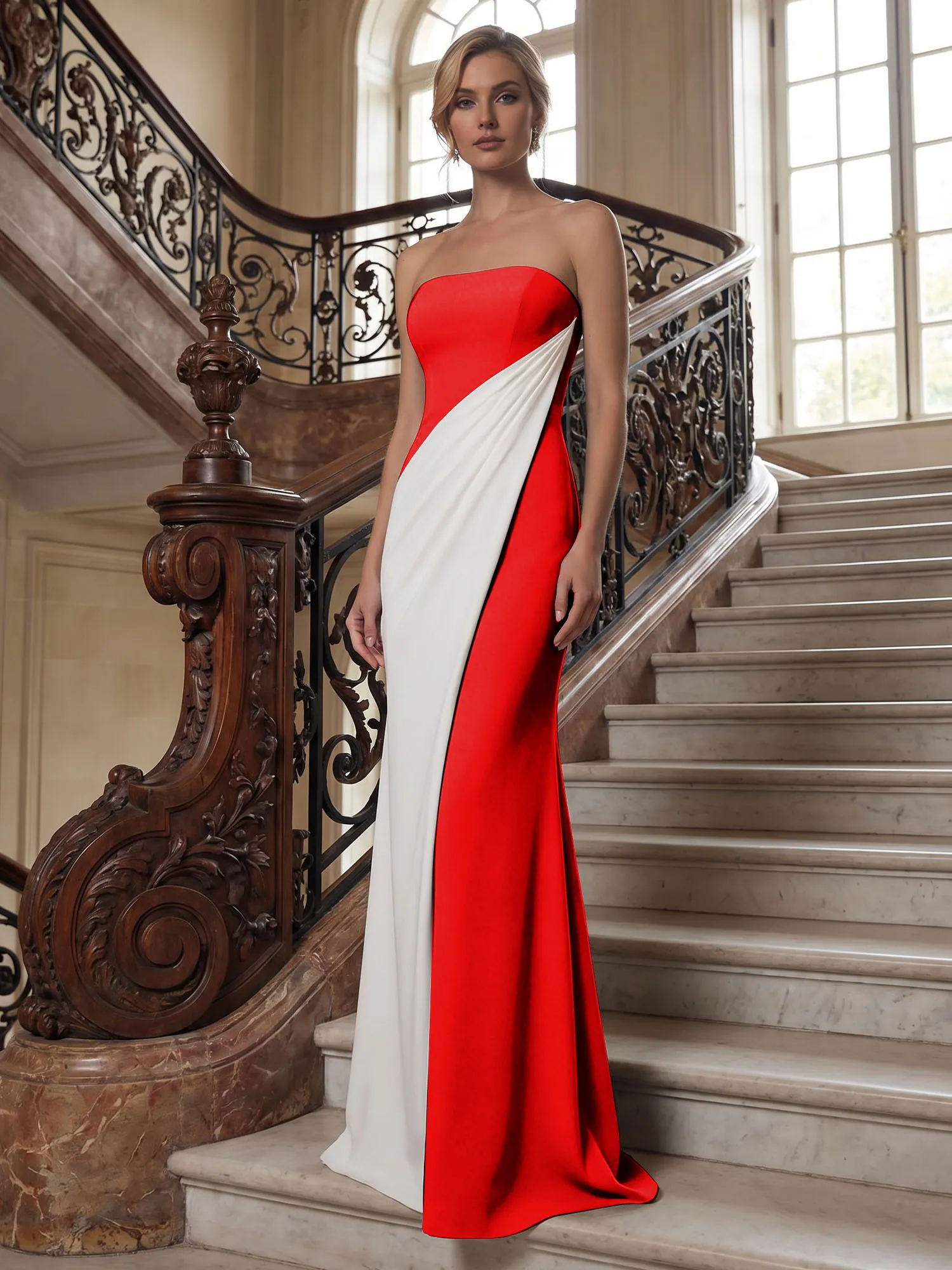 Strapless Two-Tone Draped Mermaid Evening Gown