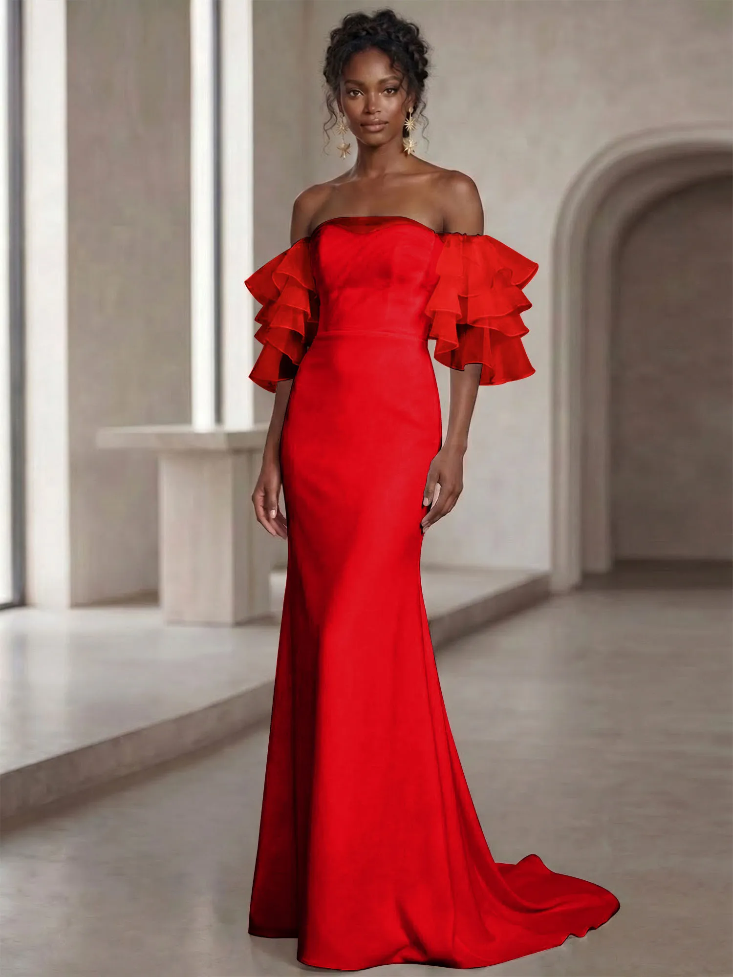 Off-the-Shoulder Tiered Organza Sleeve Mermaid Evening Gown