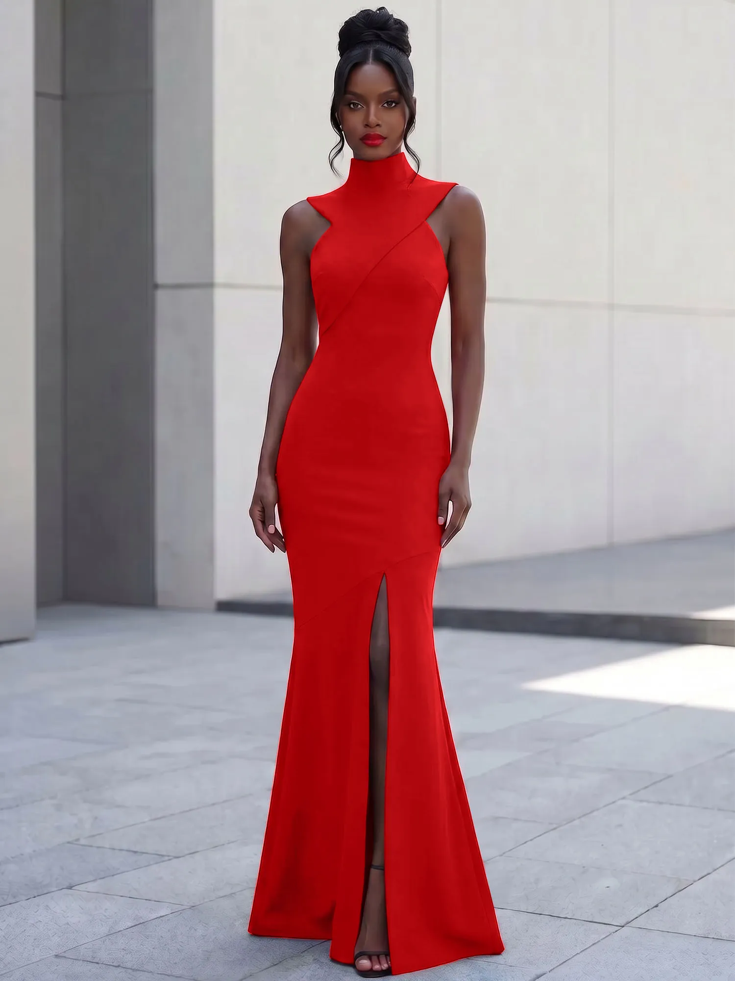 High Neck Asymmetric Cutout Mermaid Evening Gown