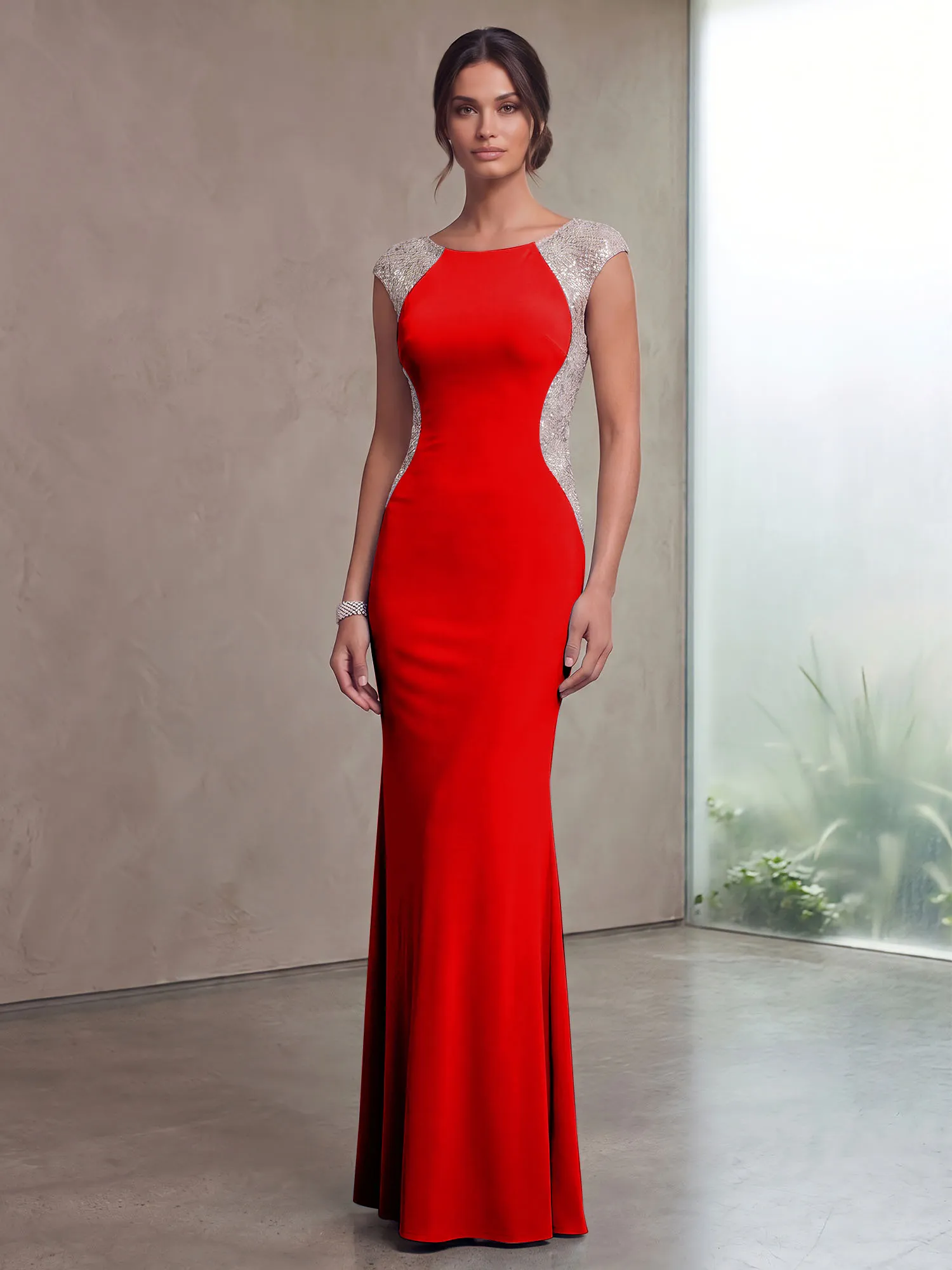 Bateau Neck Sequins Cap Sleeve Mermaid Evening Gown
