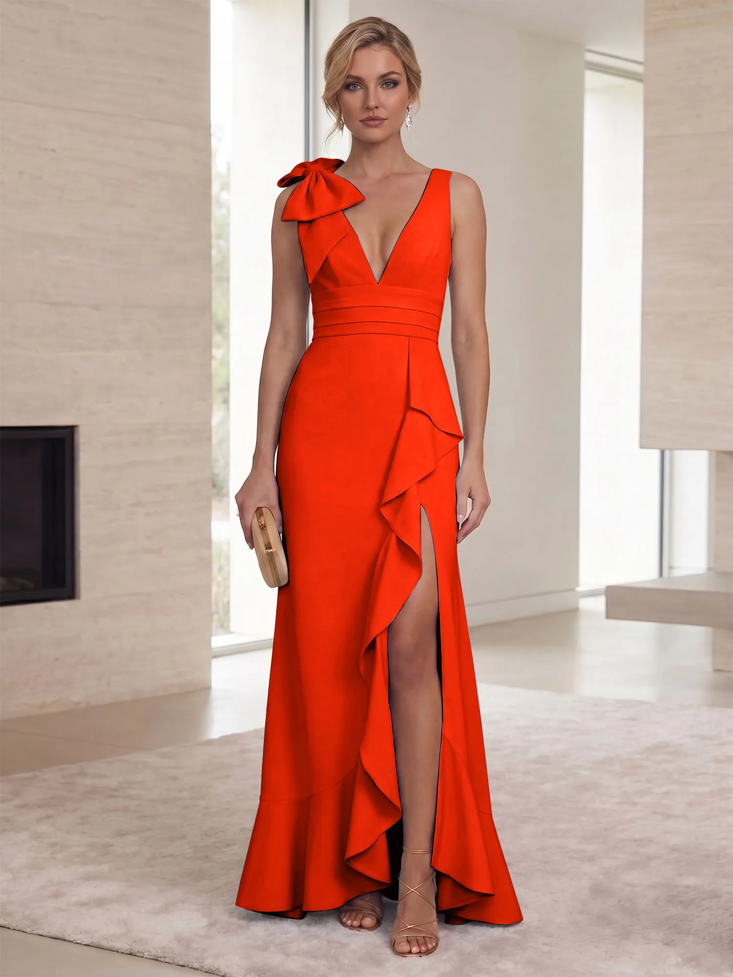Deep V-Neck Bow-Shoulder Ruffle Slit Mermaid Evening Gown
