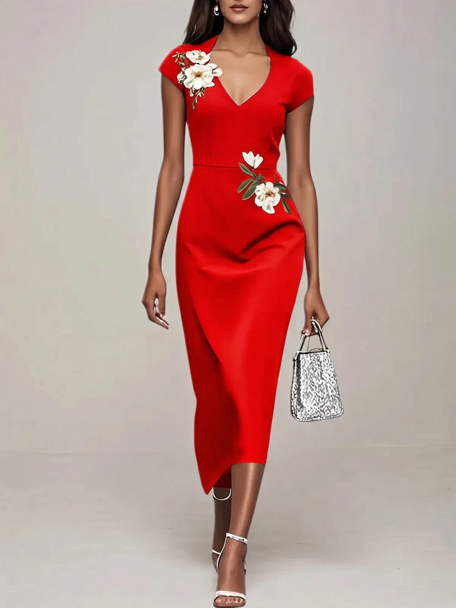 V-Neck Cap Sleeve Floral Embroidered Sheath Evening Dress