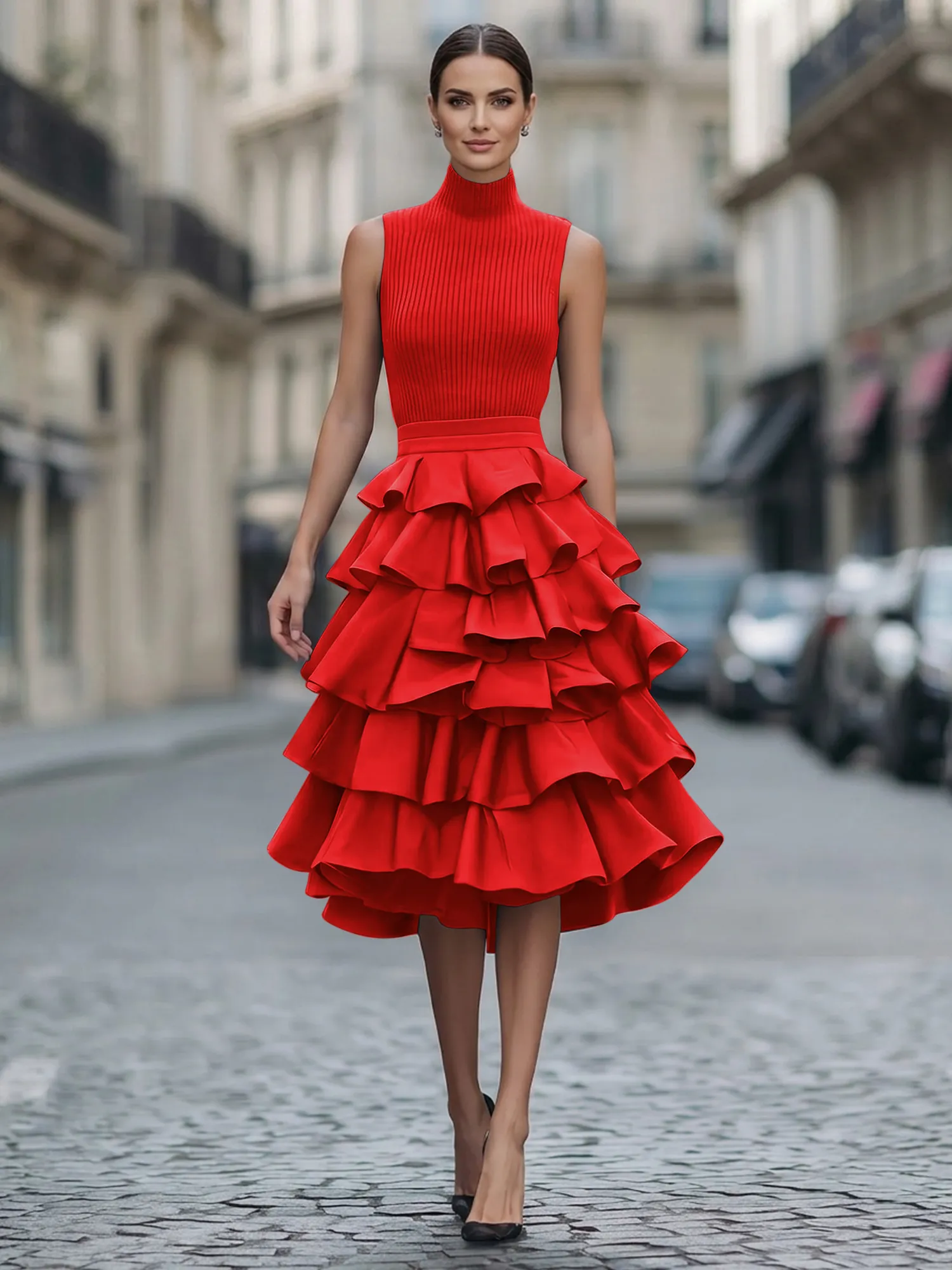 A Line High-Neck Pleated Tiered Evening Dress Maxi Dress