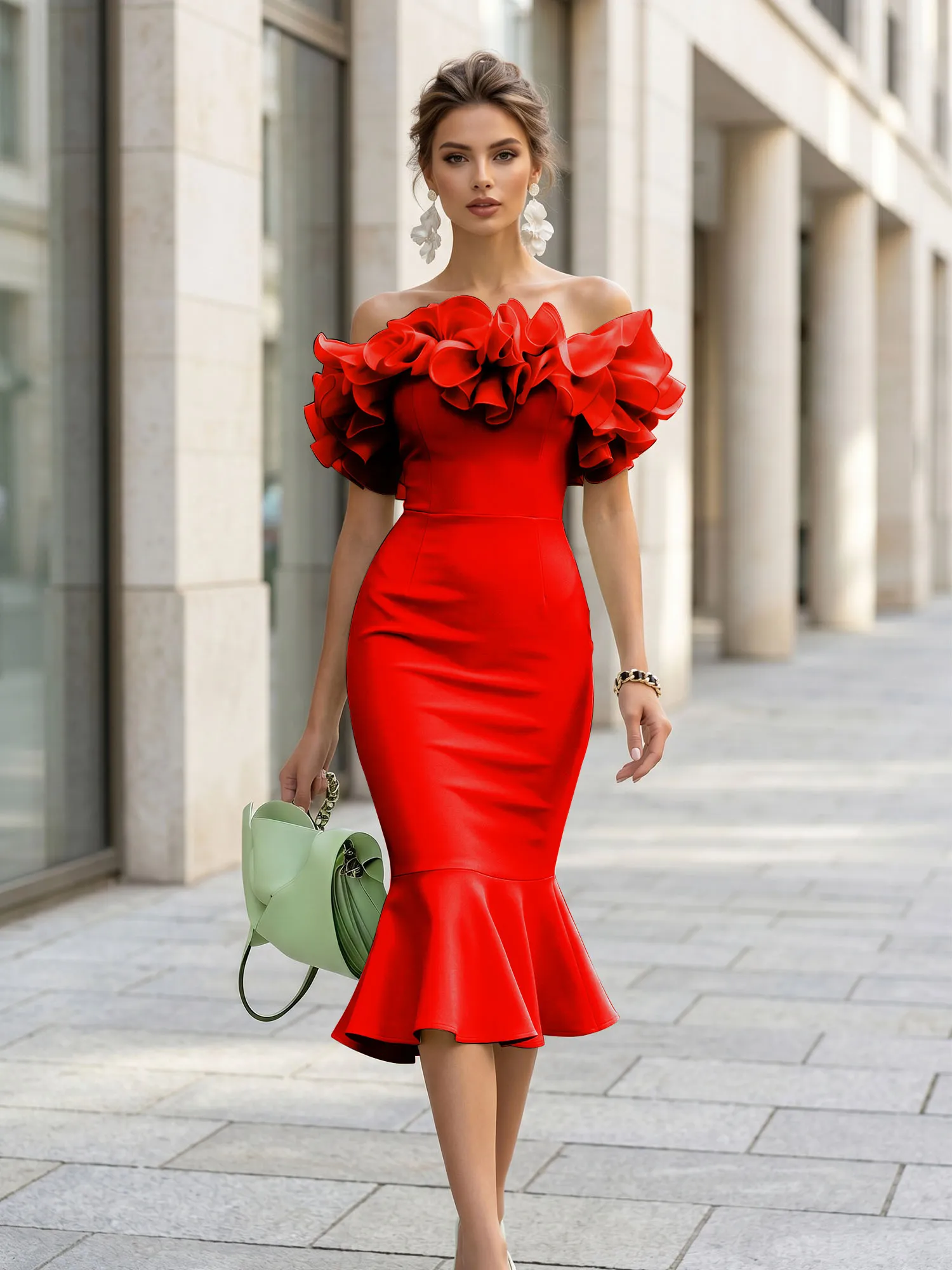 Off-the-Shoulder Ruffle Midi Midi Cocktail Dress Evening Dress