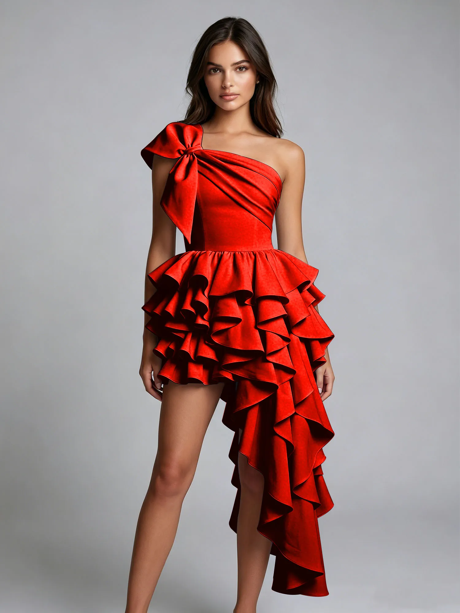 One-Shoulder Bow Tiered Ruffle Asymmetrical Homecoming Dress