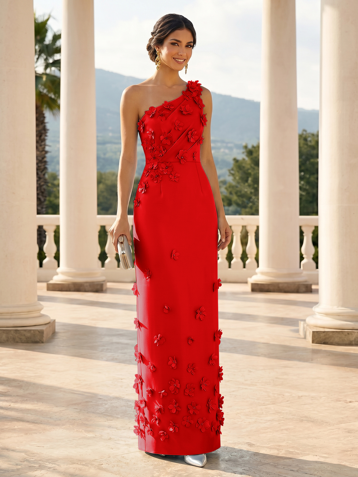 Enchanting Sky Blue One-Shoulder Evening Dress with 3D Floral Appliqués