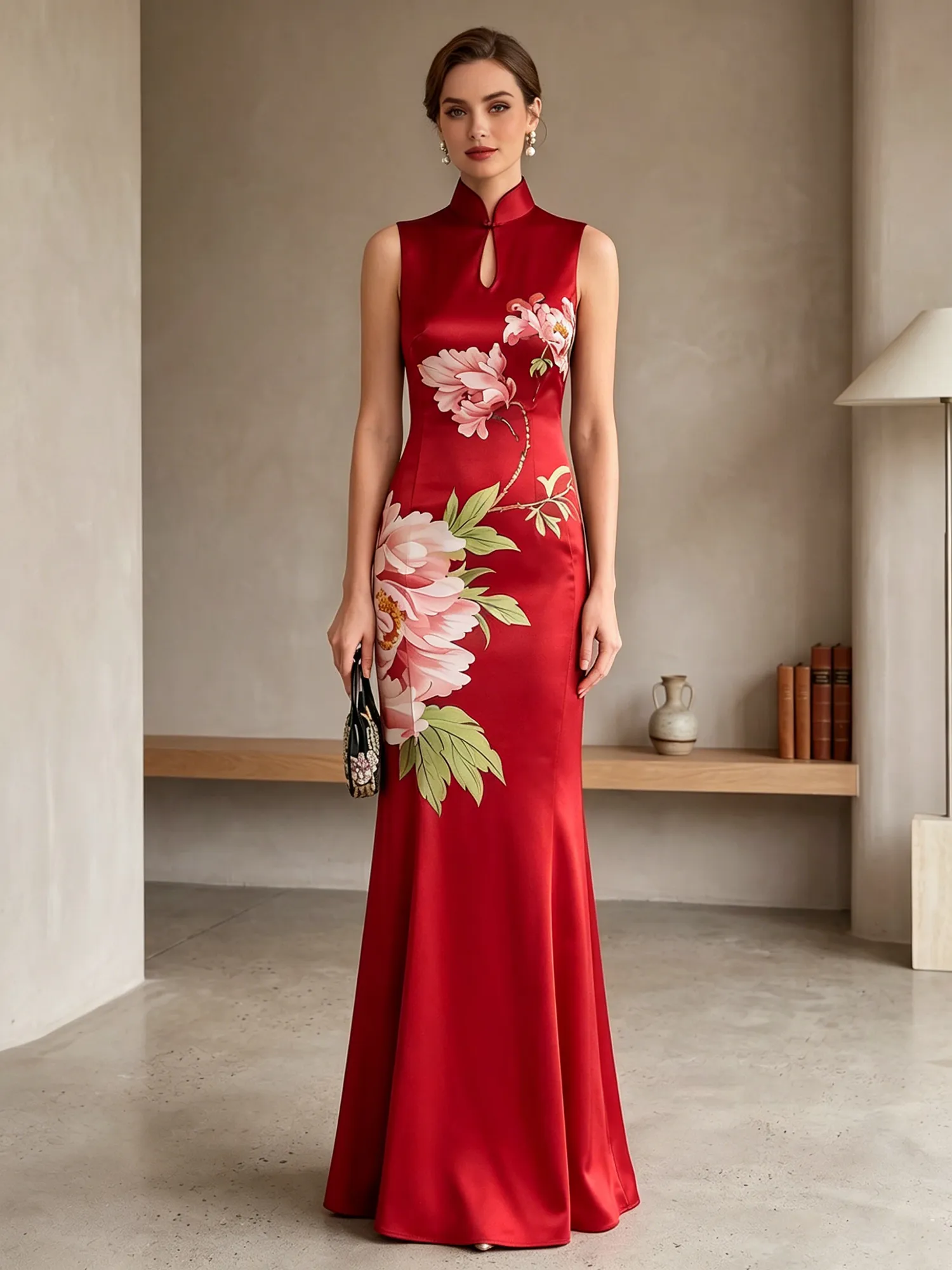 Satin Qipao-Inspired Floral Mermaid Evening Gown