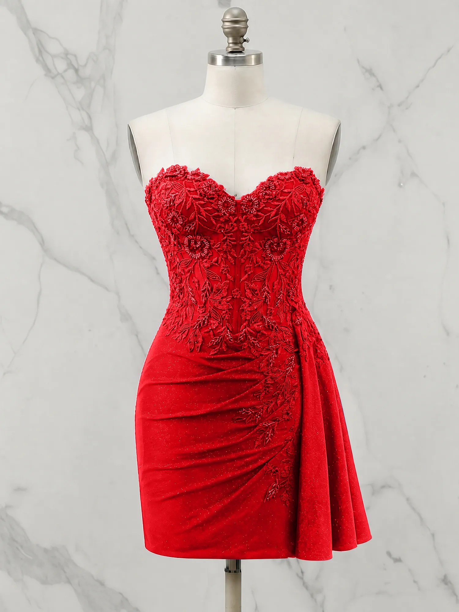 Strapless Lace Appliqué Glitter Homecoming Dress with Side Drape