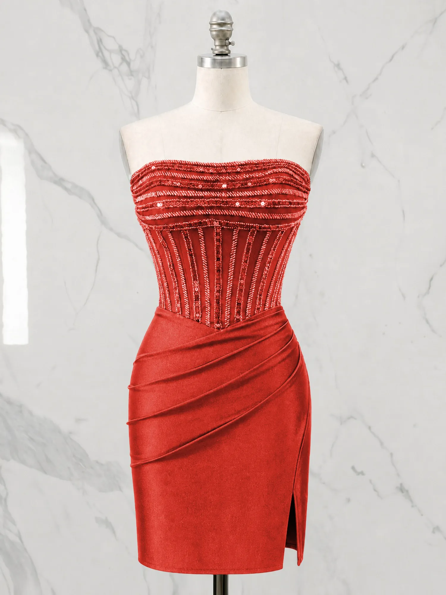 Strapless Beaded Corset Homecoming Dress with Ruched Skirt