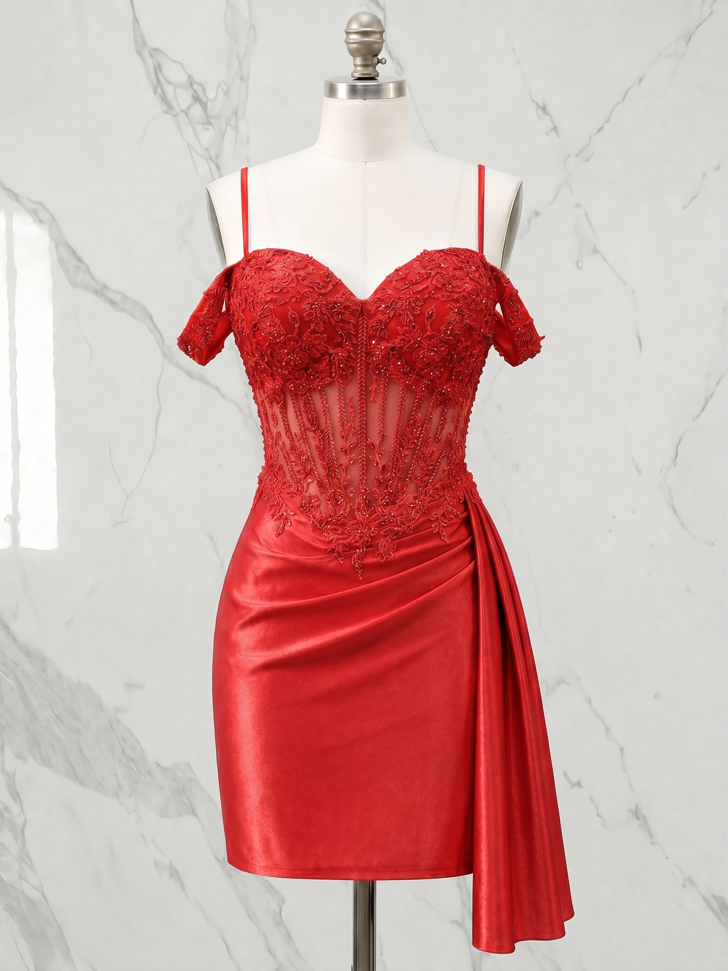 Off-the-Shoulder Lace Corset Homecoming Dress with Side Drape