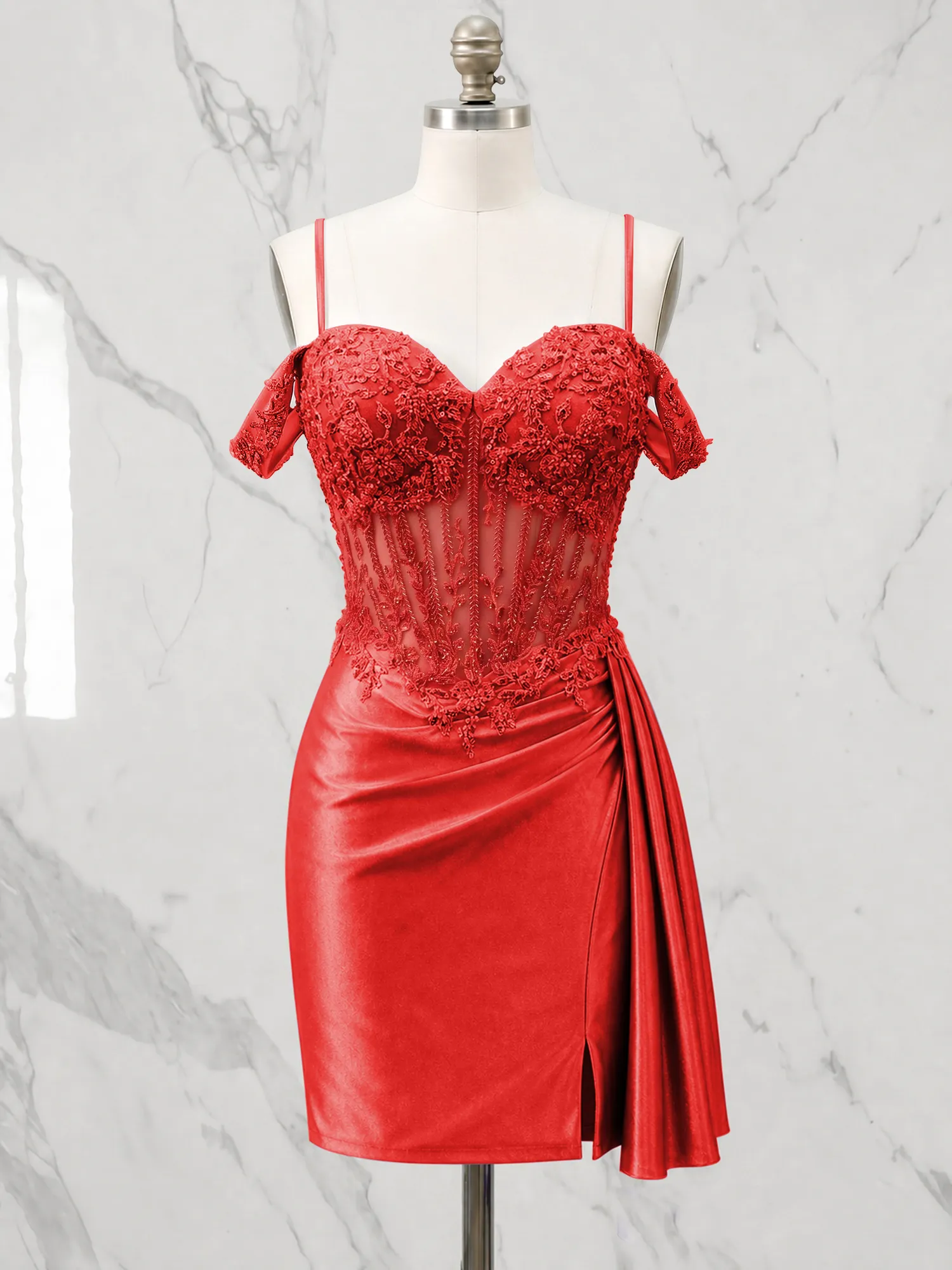 Off-the-Shoulder Lace Corset Homecoming Dress with Draped Skirt