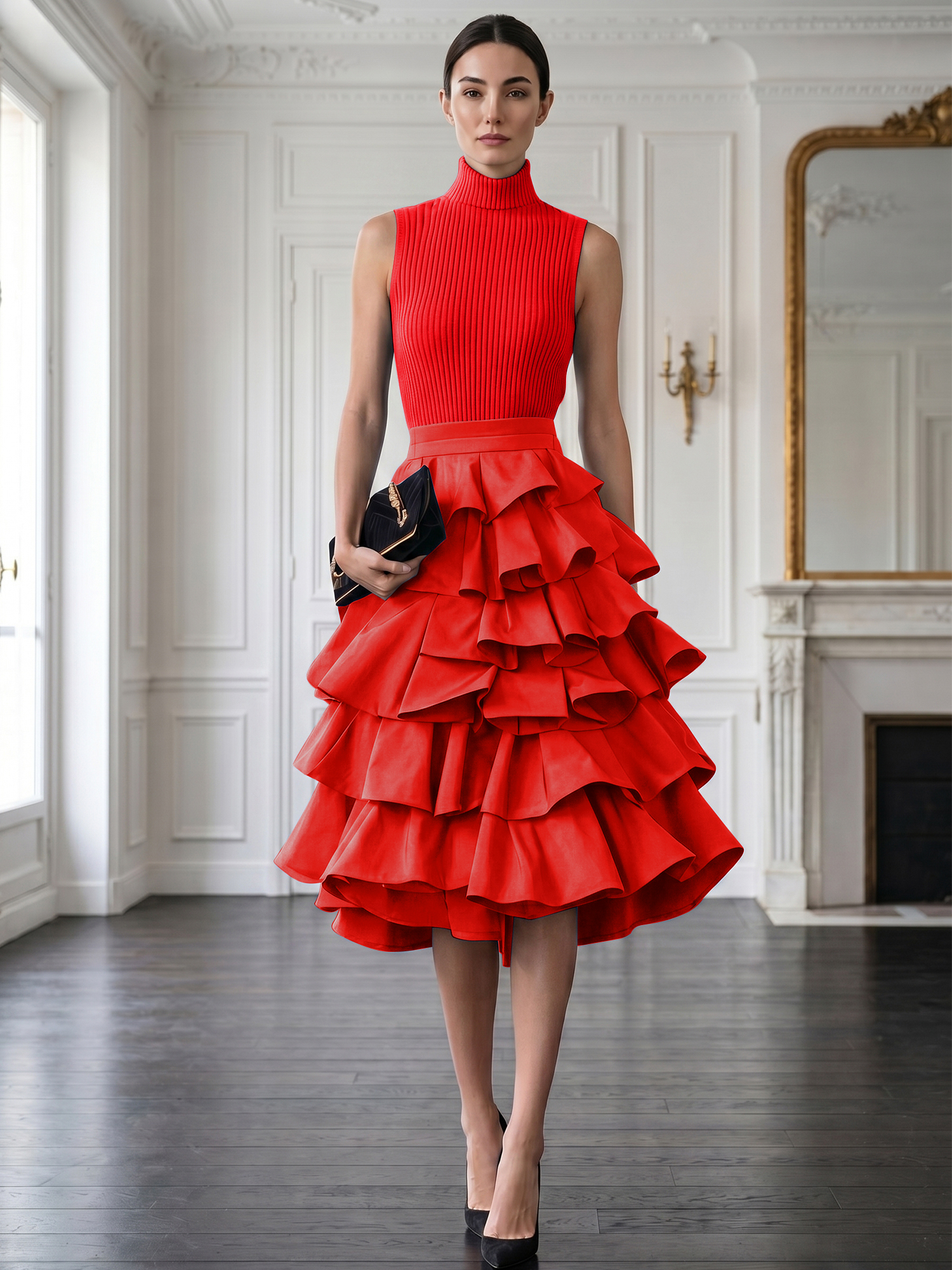 Avant-Garde Black High-Neck Tiered Ruffled Evening Gown