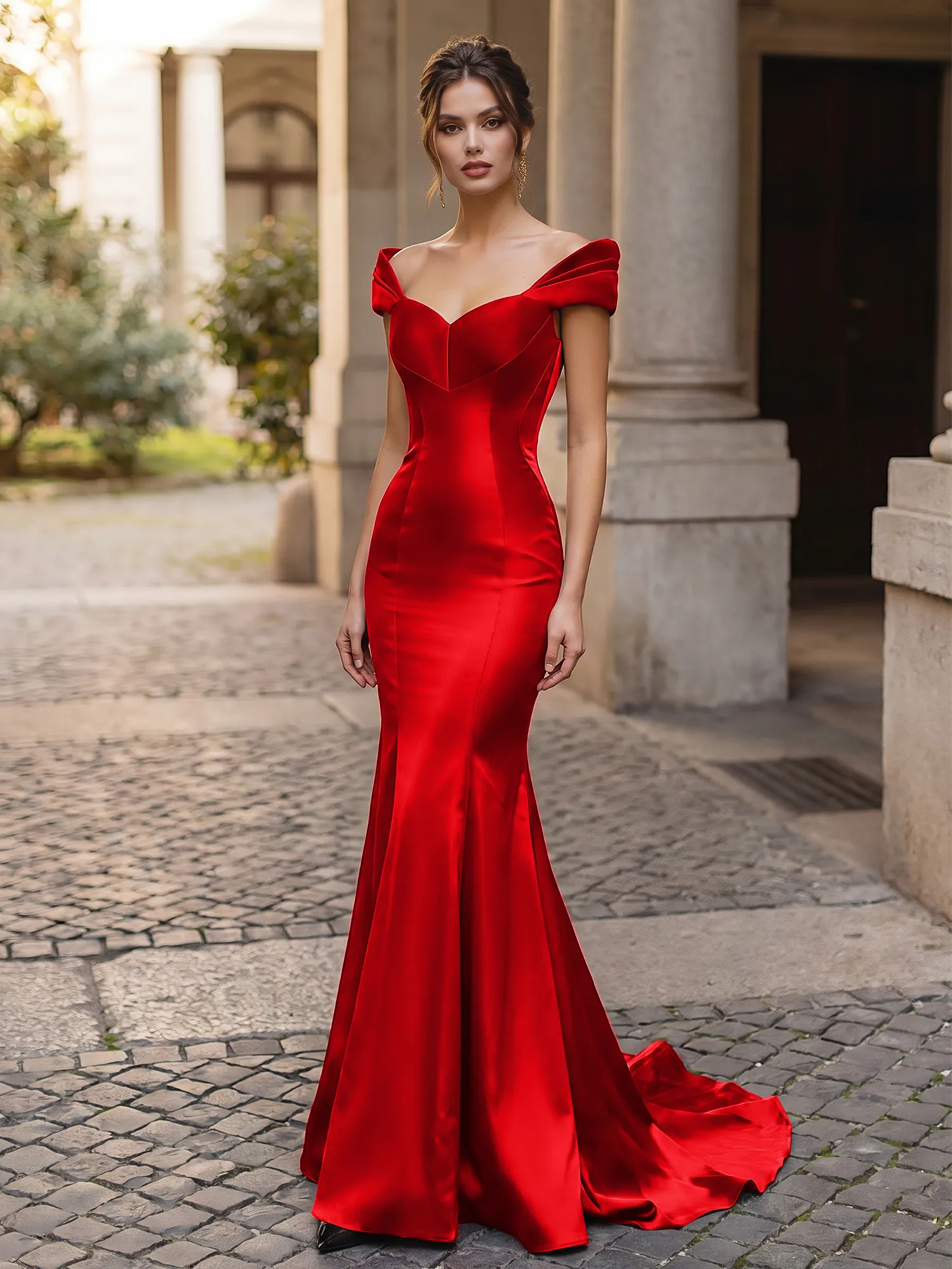 Off-the-Shoulder Sweetheart Lace-Up Back Satin Mermaid Prom Dress