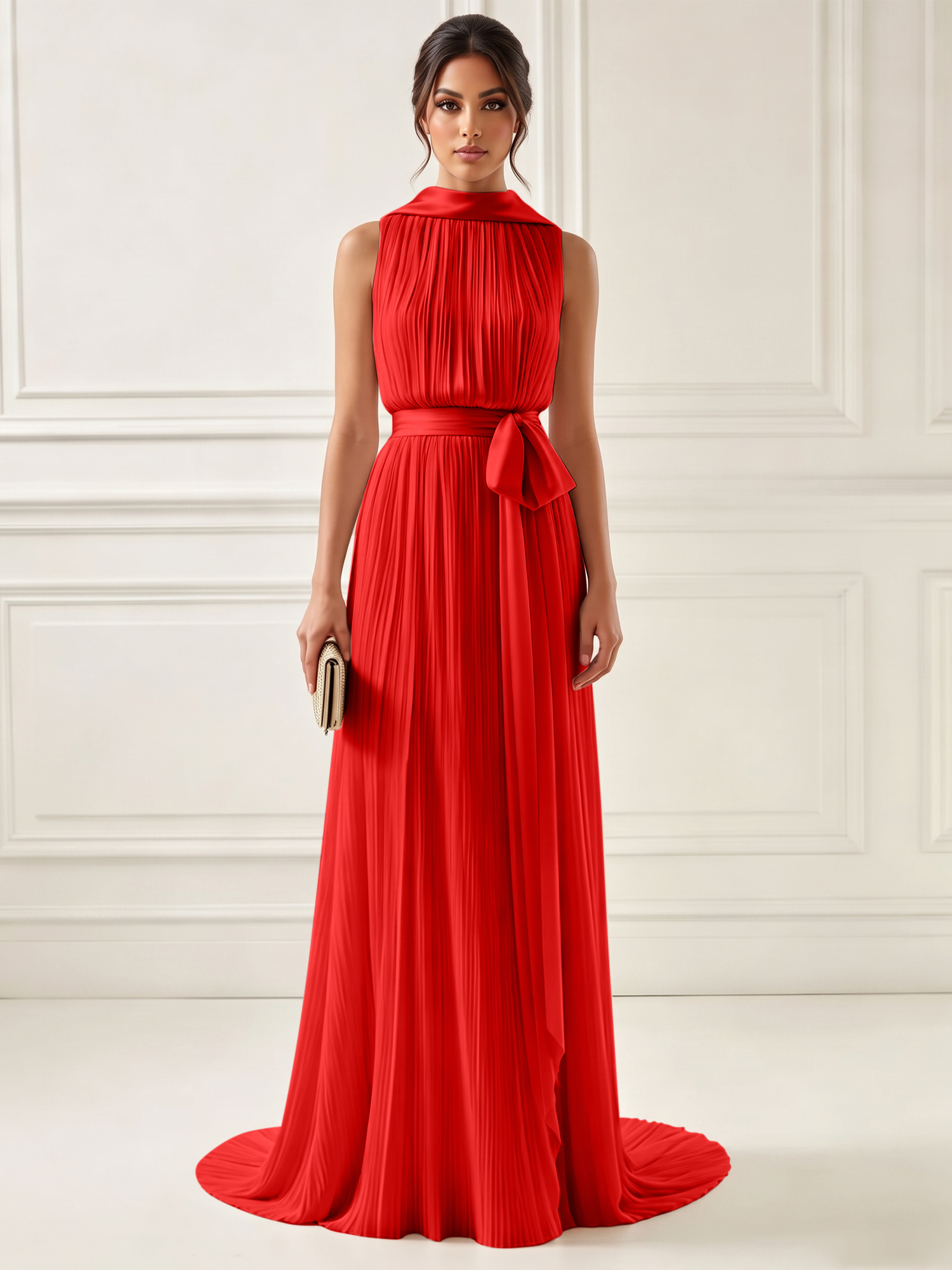 Ethereal Pleated Pastel Pink High Neck Maxi Formal Evening Dress with Satin Sash