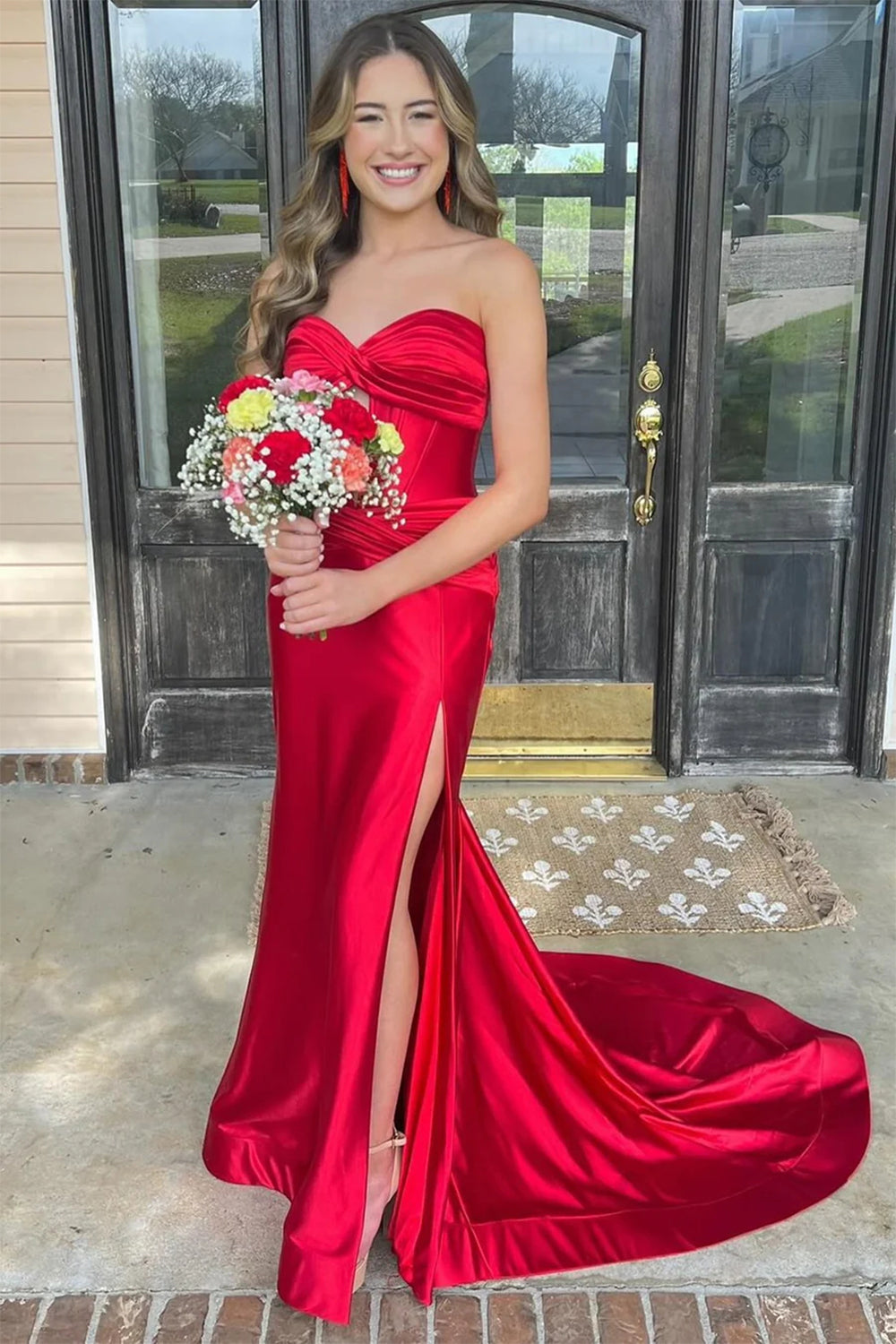 Black Mermaid Strapless Keyhole Satin Long Prom Dress with Slit