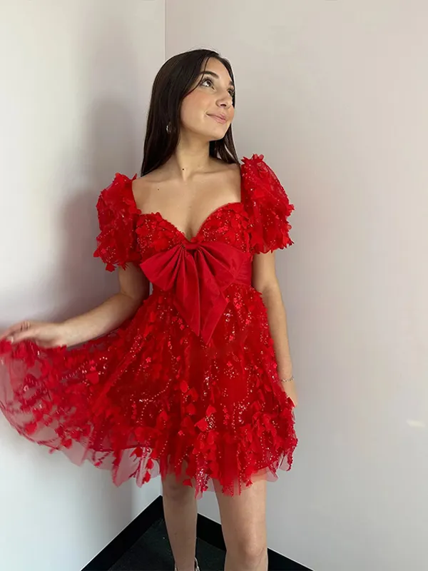 A Line Puff Sleeve 3D Floral Bow Homecoming Mini Dress