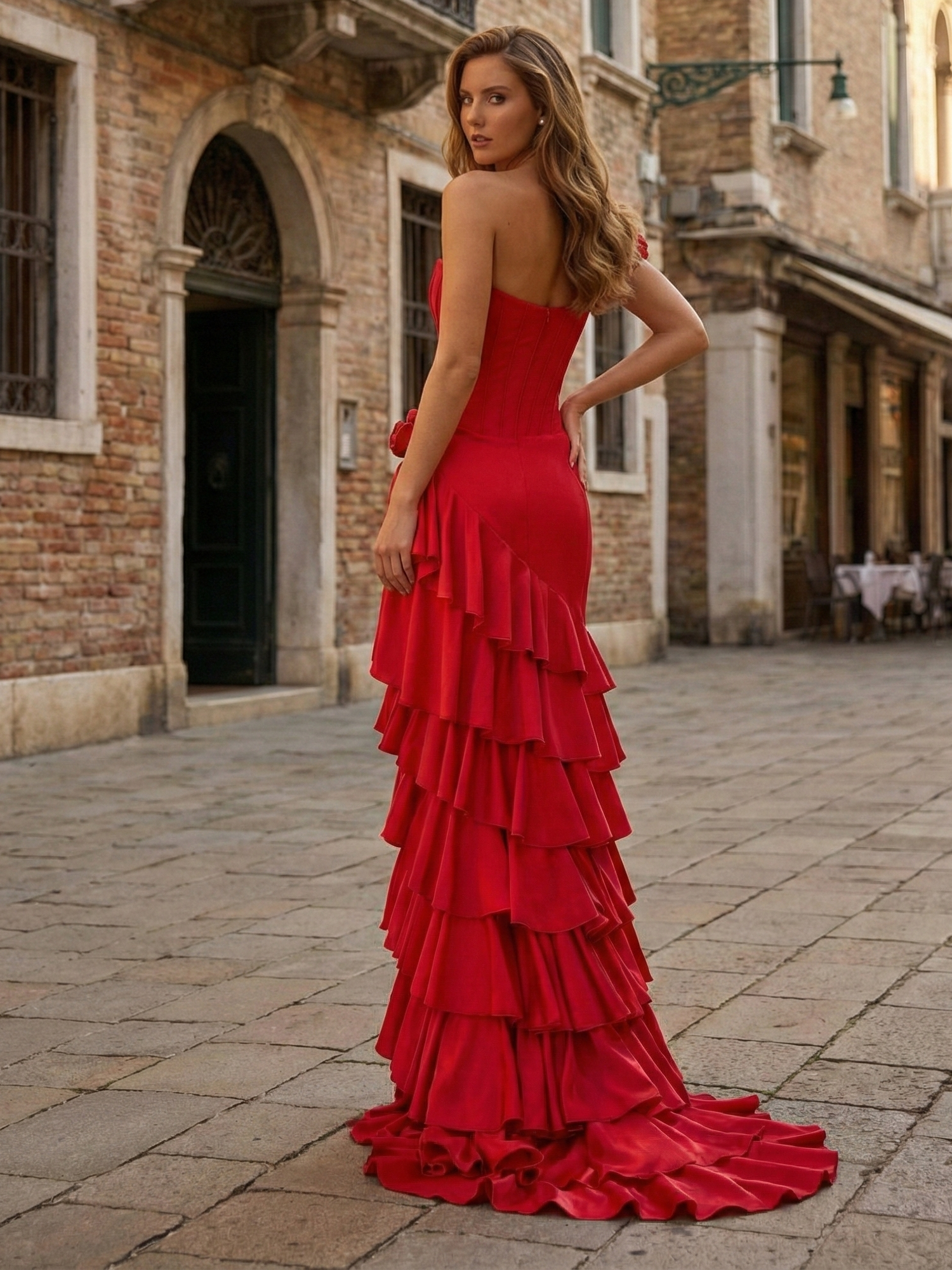Red Ruffled Corset High-Low Evening Gown with Rosette