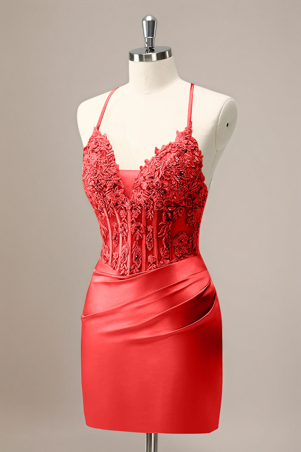 Red Sheath Criss Cross Back Corset Short Homecoming Dress with Appliques