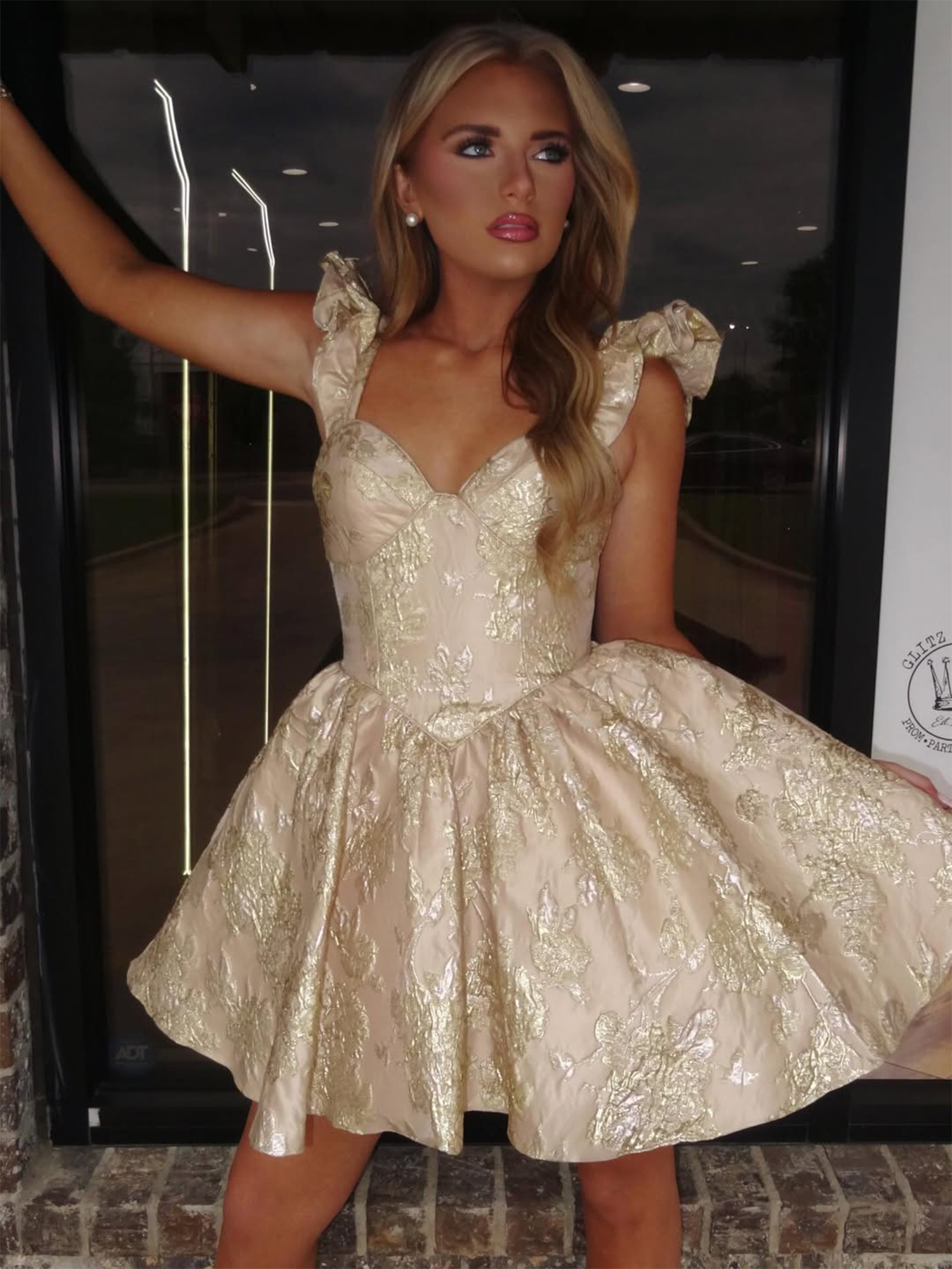 Romantic Chamapgne Floral Jacquard Ruffled Homecoming Dress