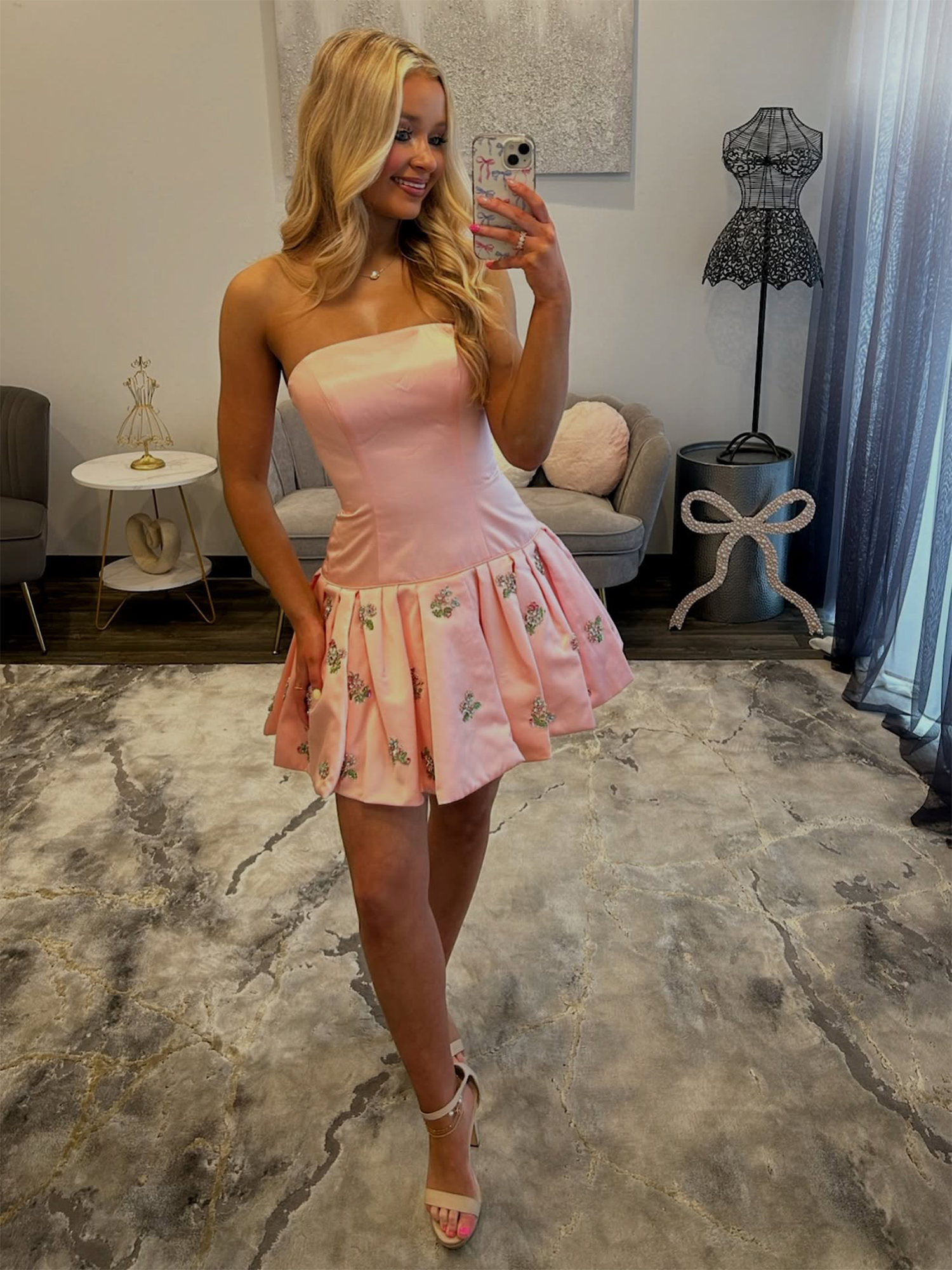 Romantic Pink Strapless Drop-Waist Floral Short Homecoming Dress