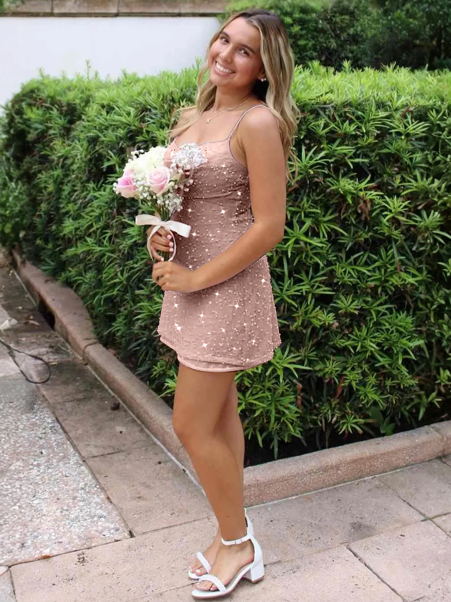 Romantic Blush Pink Sequin Homecoming Dress with Delicate Spaghetti Straps and Soft Feminine Sparkle
