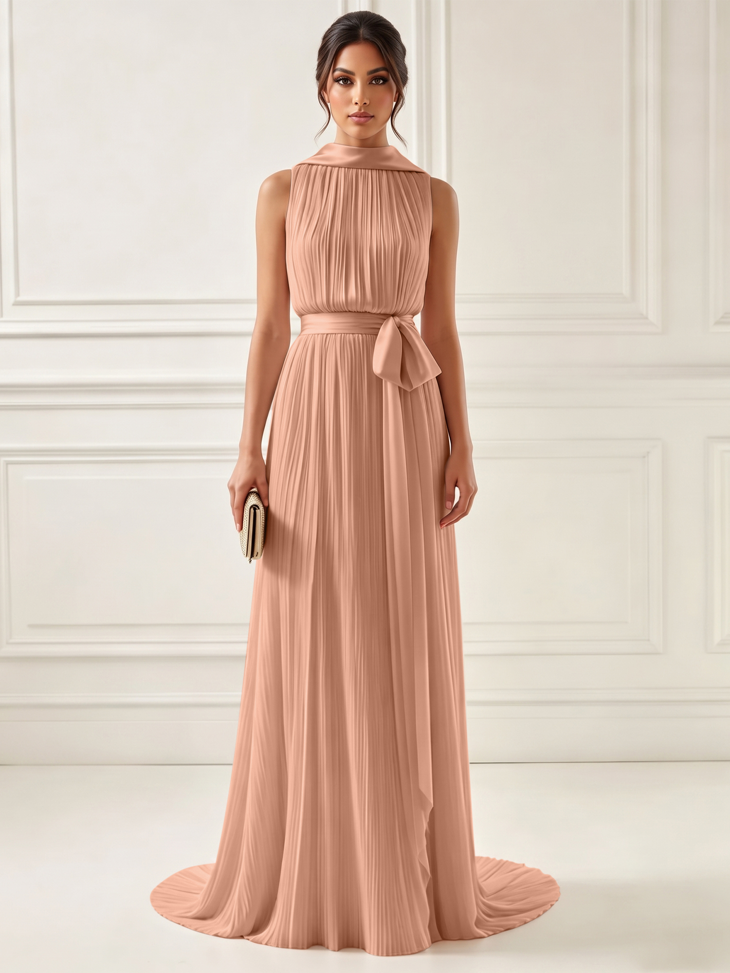 Ethereal Pleated Pastel Pink High Neck Maxi Formal Evening Dress with Satin Sash