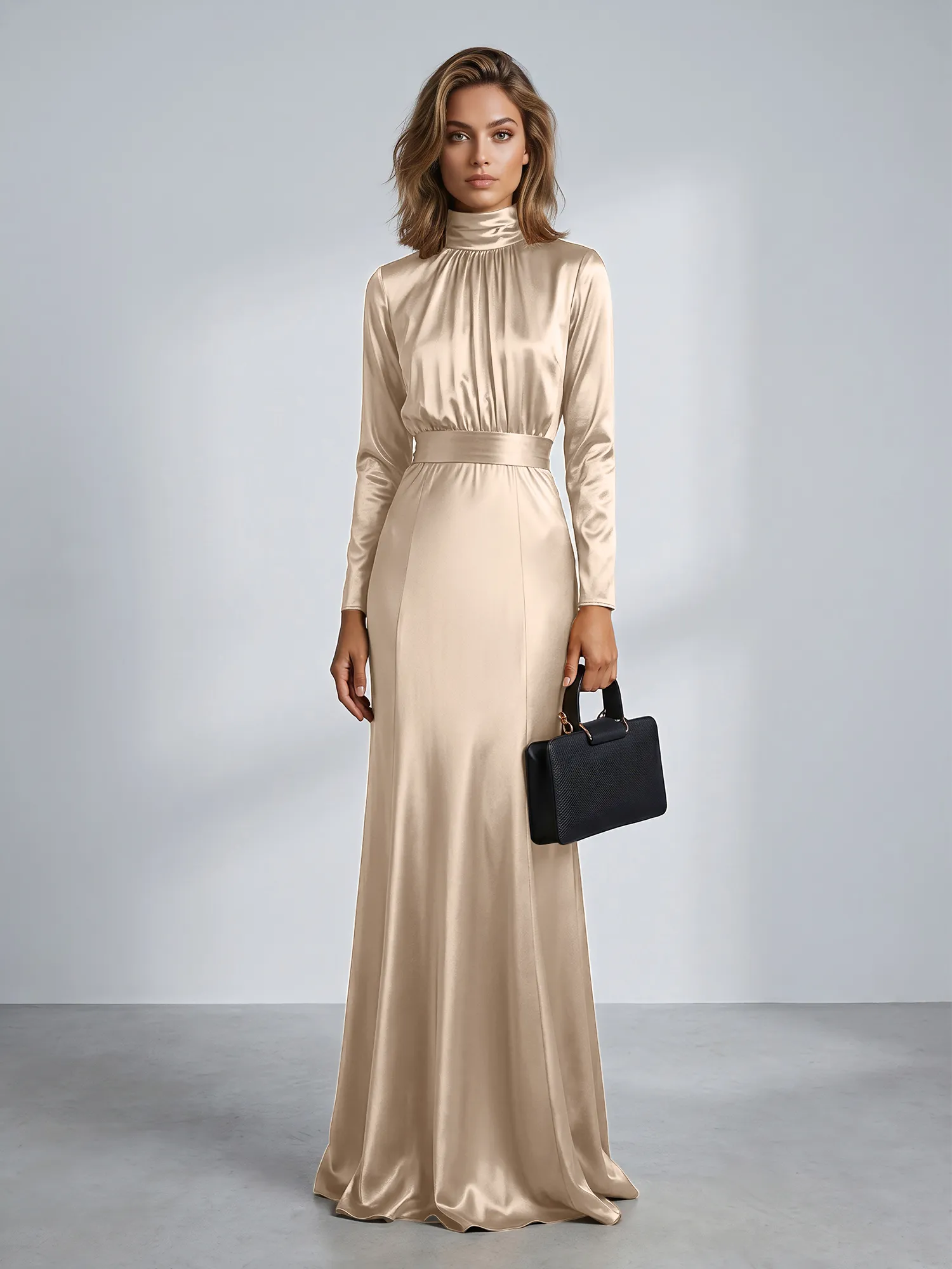 High Neck Long Sleeve Satin Mermaid Evening Gown with Waist Sash