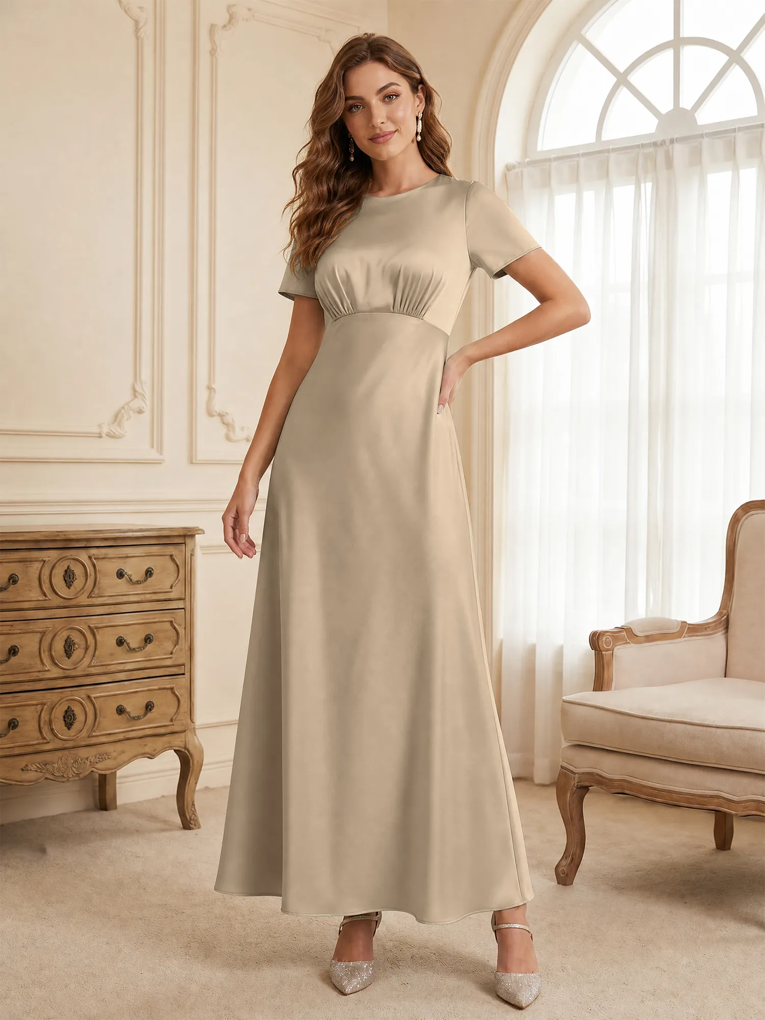 Round Neck Short Sleeve Satin Bridesmaid Dress