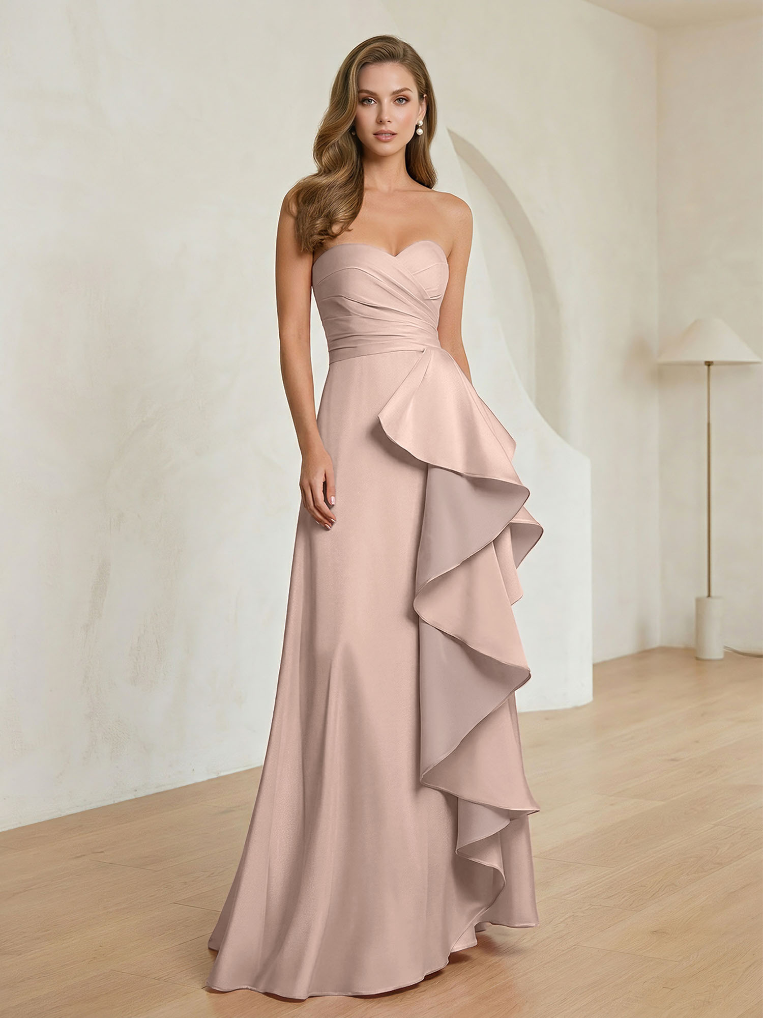 Formal Evening Dress Blush Strapless Ruffle Maxi Dress Gown