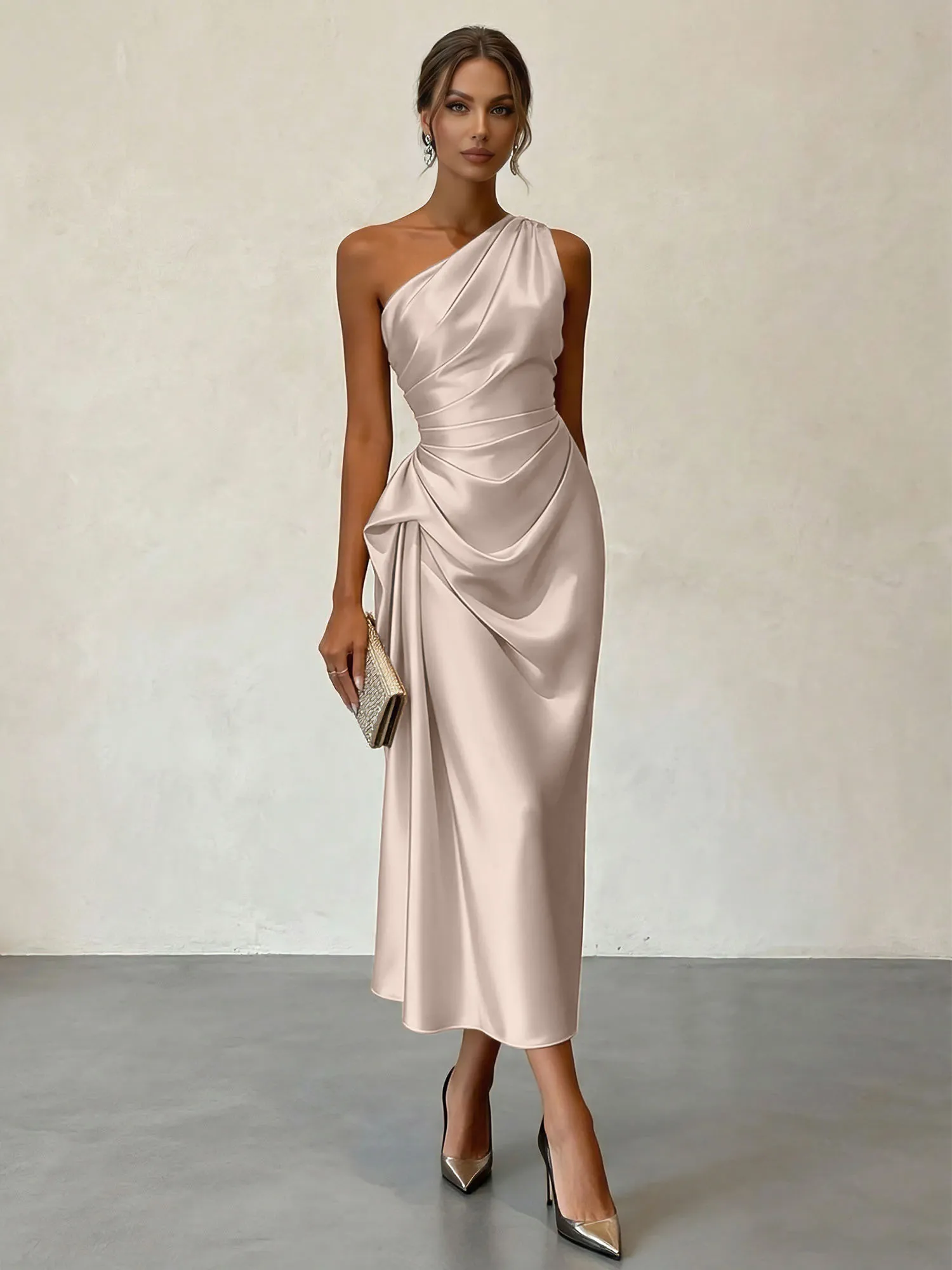 One-Shoulder Ruched Satin Midi Evening Dress with Draped Detail